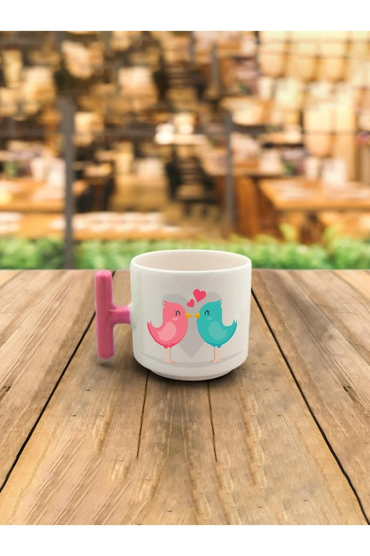 Latte Fincanı Kuşlar Öpücük Baskılı Pembe Kulplu T Kupa Bardak Fincan Mug