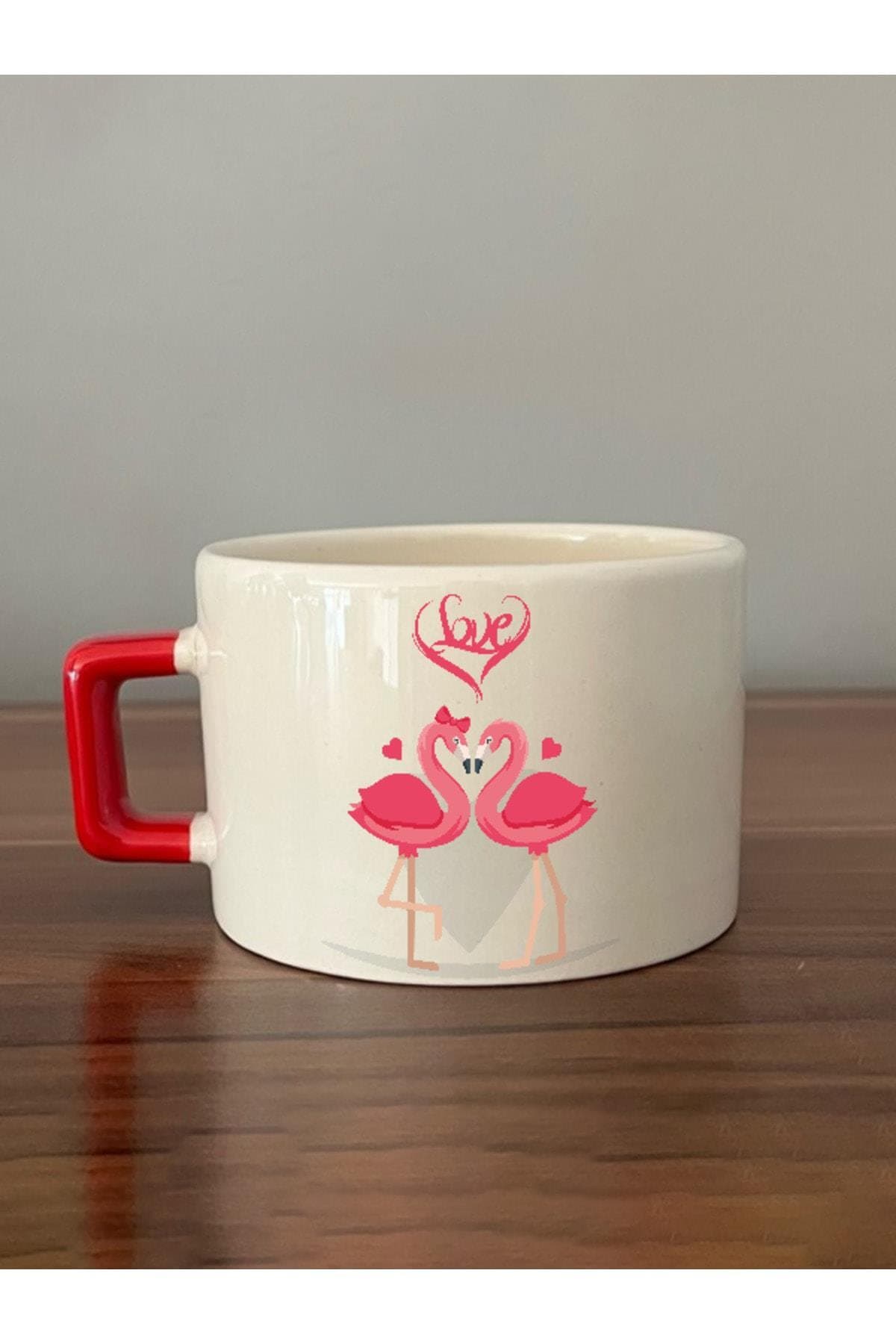 Love Flamingolar Baskılı Kırmızı Kulplu Kare Kupa Bardak Fincan Mug