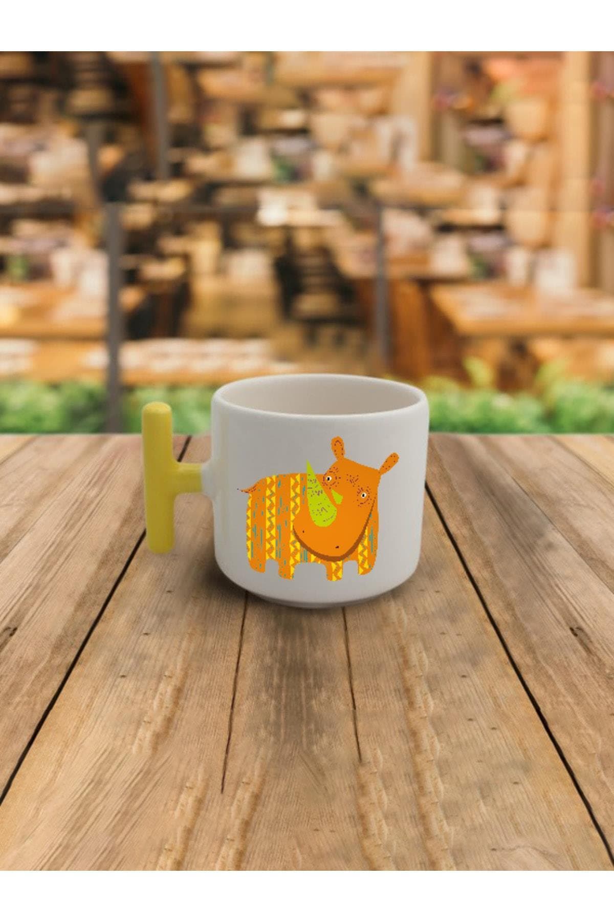 Latte Fincanı Hipopotam Baskılı Sarı Kulplu T Kupa Bardak Fincan Mug