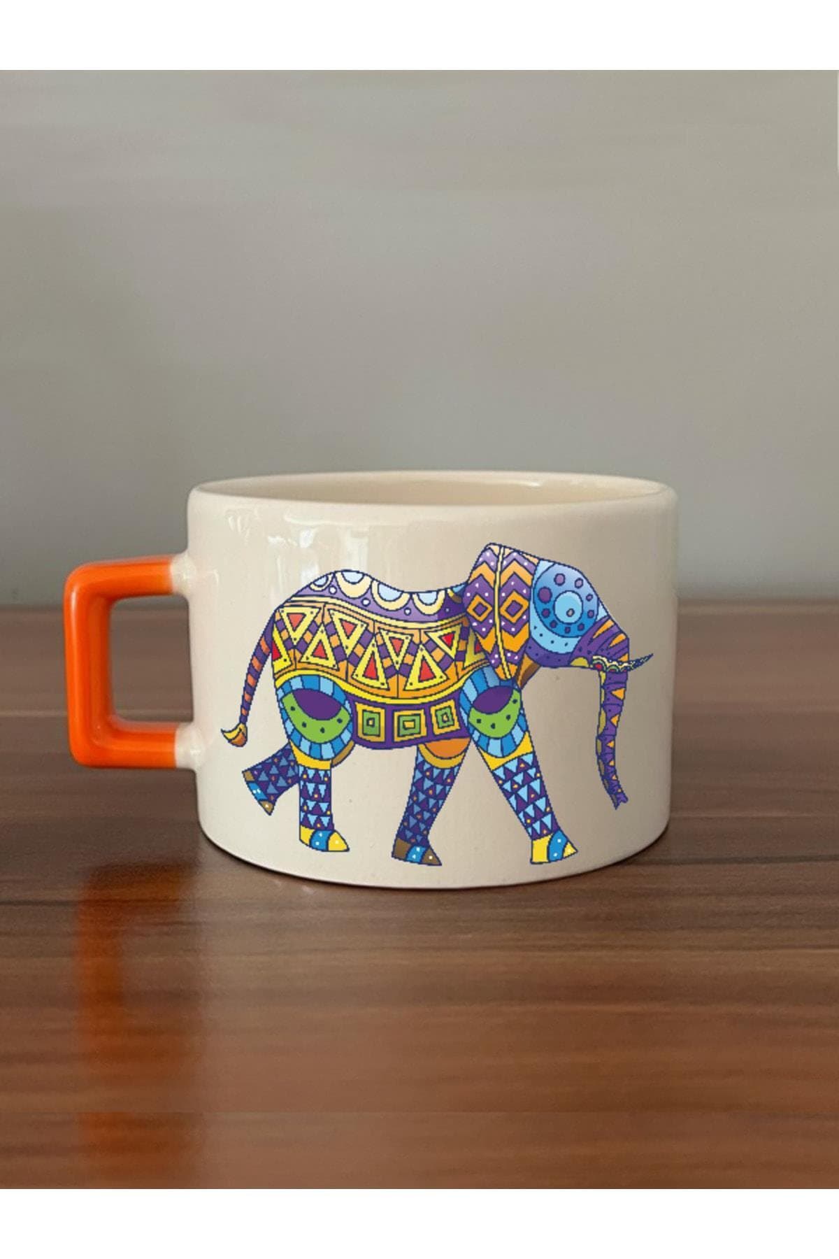 Yürüyen Fil Baskılı Turuncu Kulplu Kare Kupa Bardak Fincan Mug