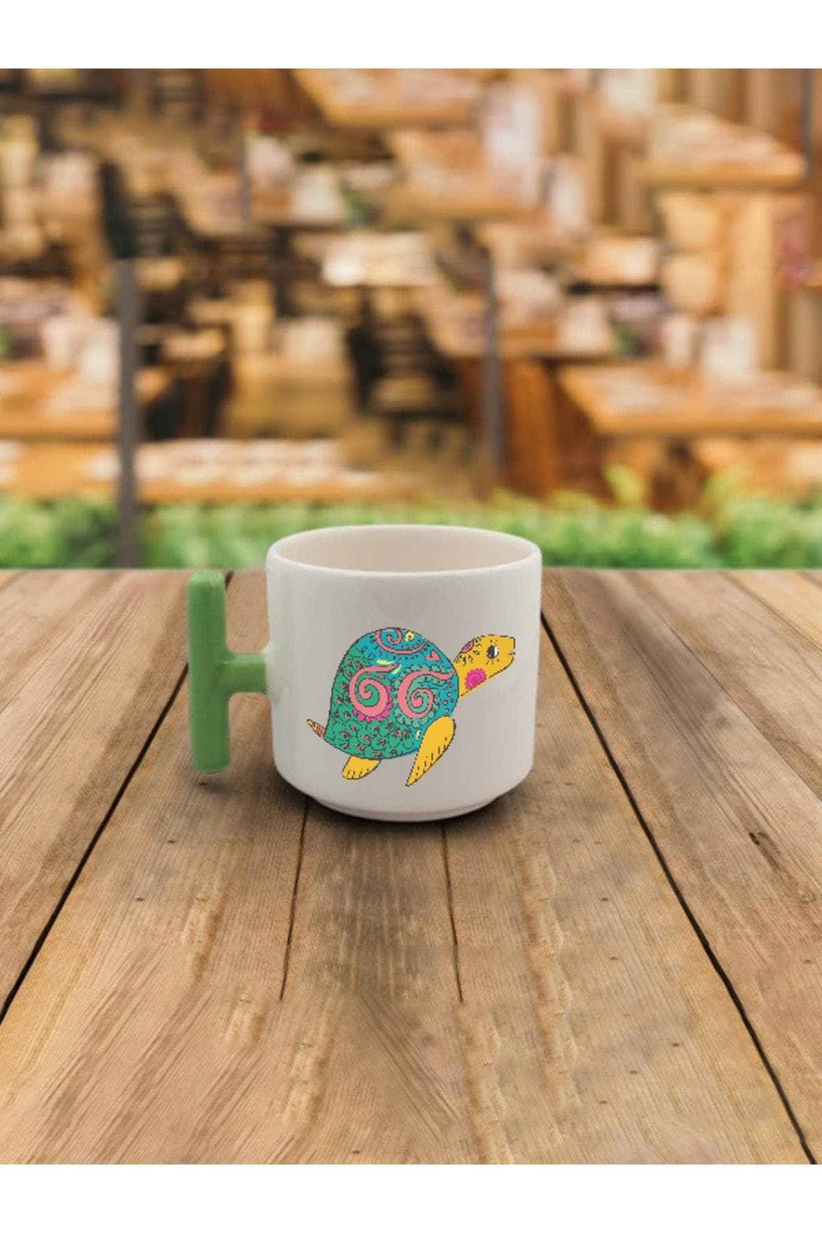 Latte Fincanı Su Kaplumbağası Baskılı Yeşil Kulplu T Kupa Bardak Fincan Mug