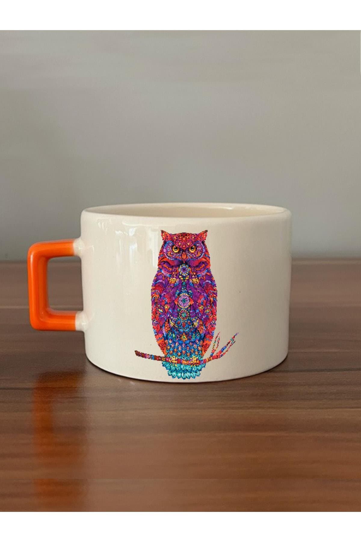 Baykuş Baskılı Turuncu Kulplu Kare Kupa Bardak Fincan Mug