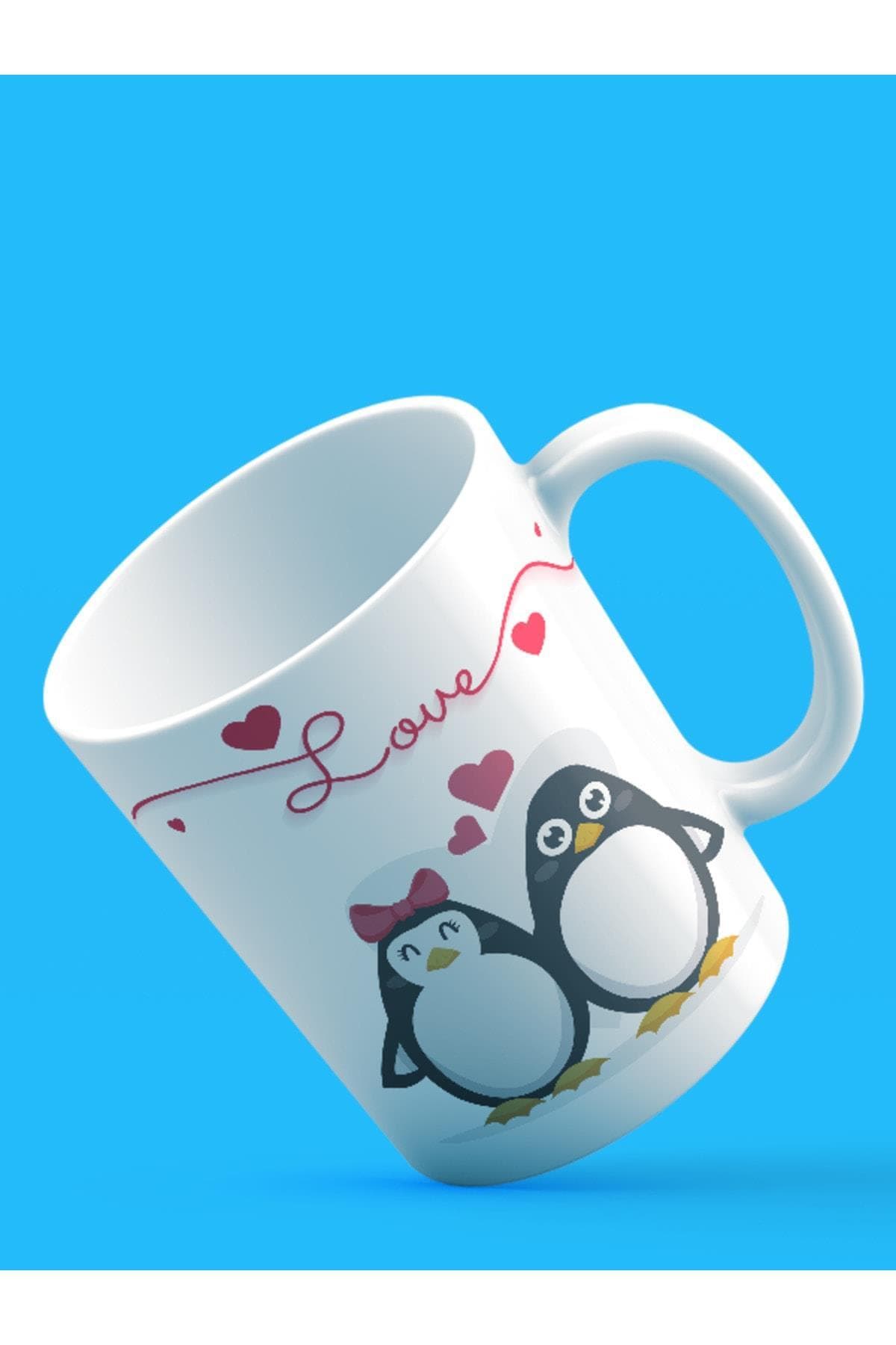 Love Penguenler Baskılı Beyaz Kupa Bardak Fincan Mug
