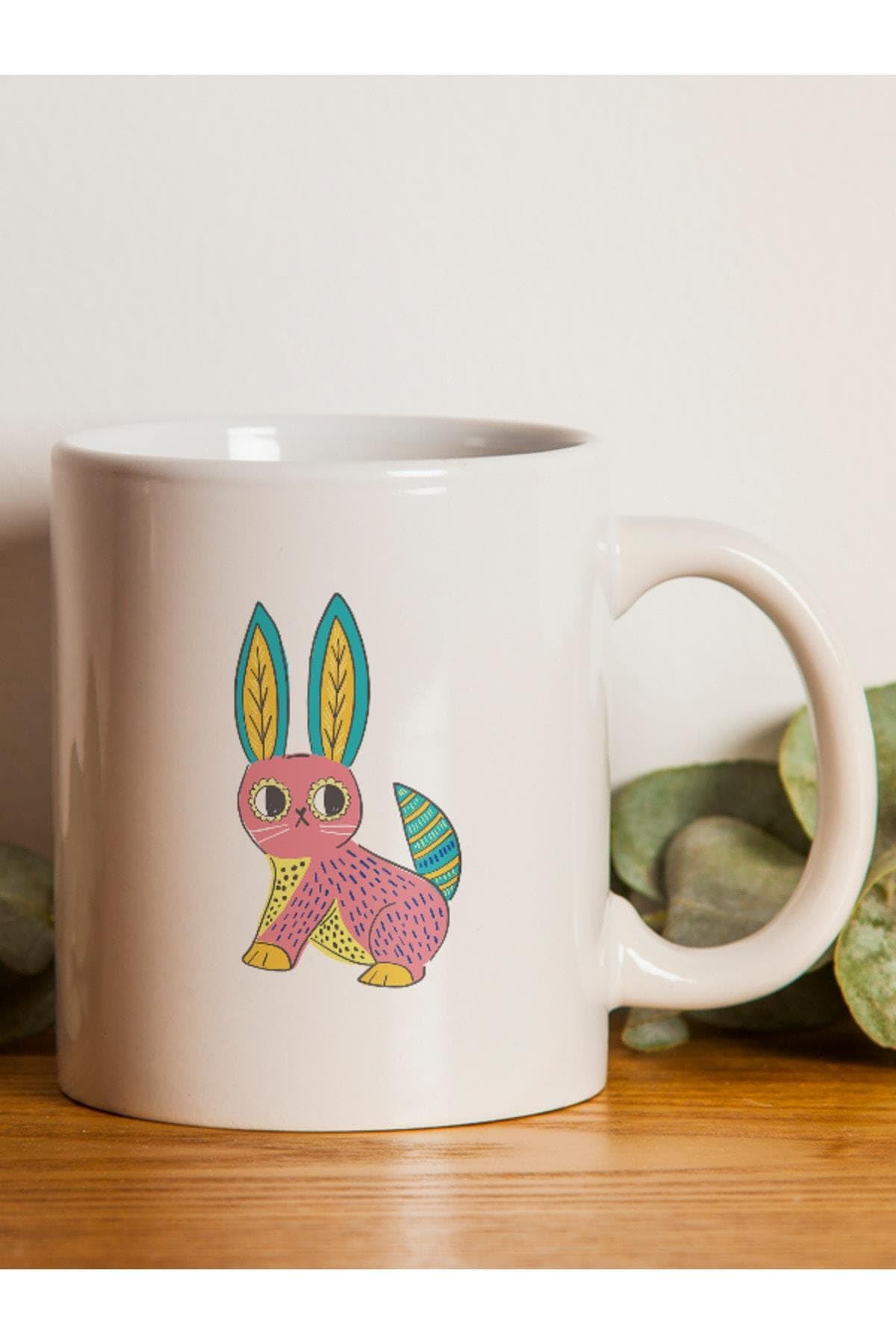 Renkli Tavşan Tasararım Baskılı Beyaz Kupa Bardak Fincan Mug