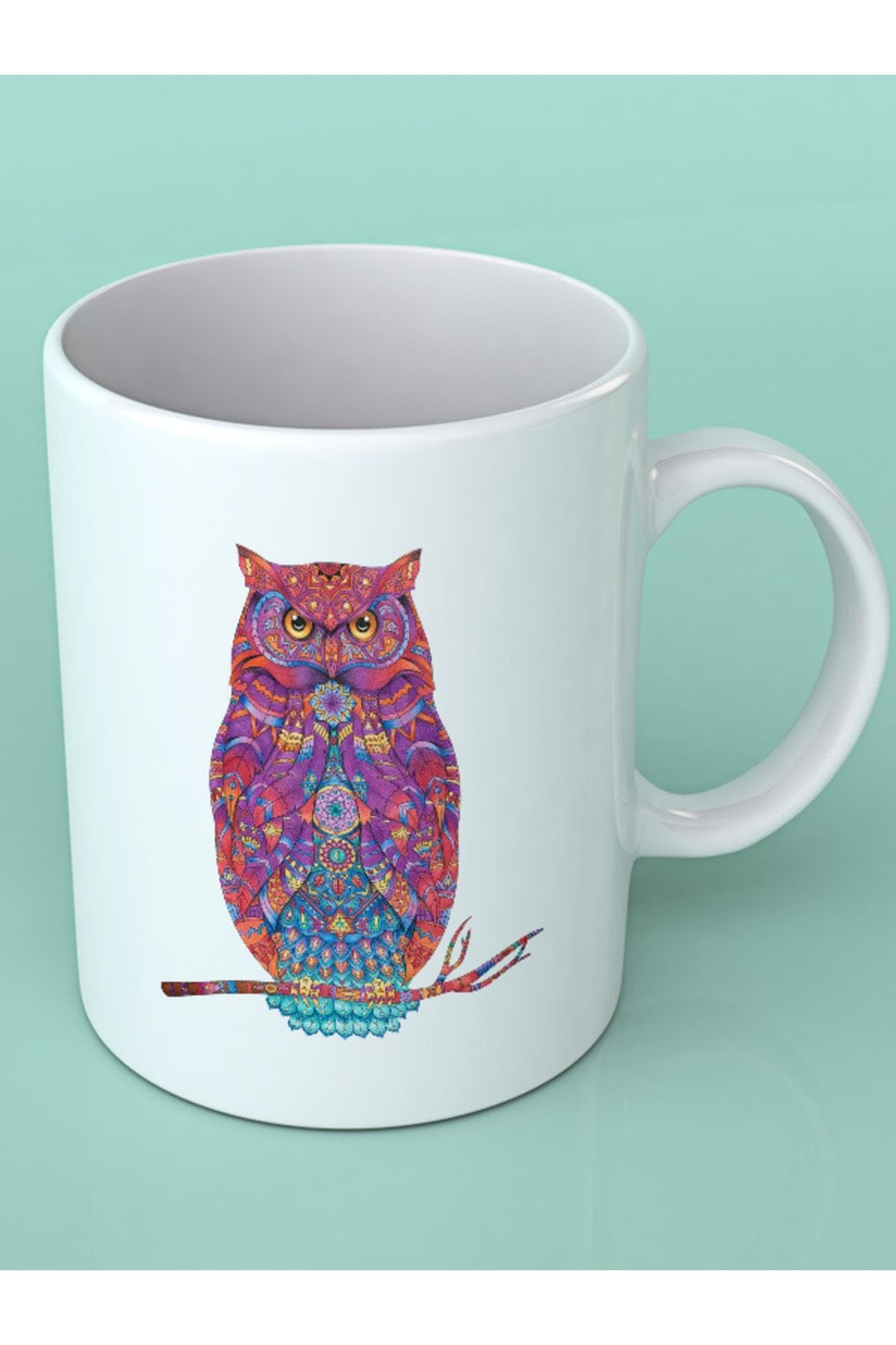 Renkli Baykuş Baskılı Beyaz Kupa Bardak Fincan Mug