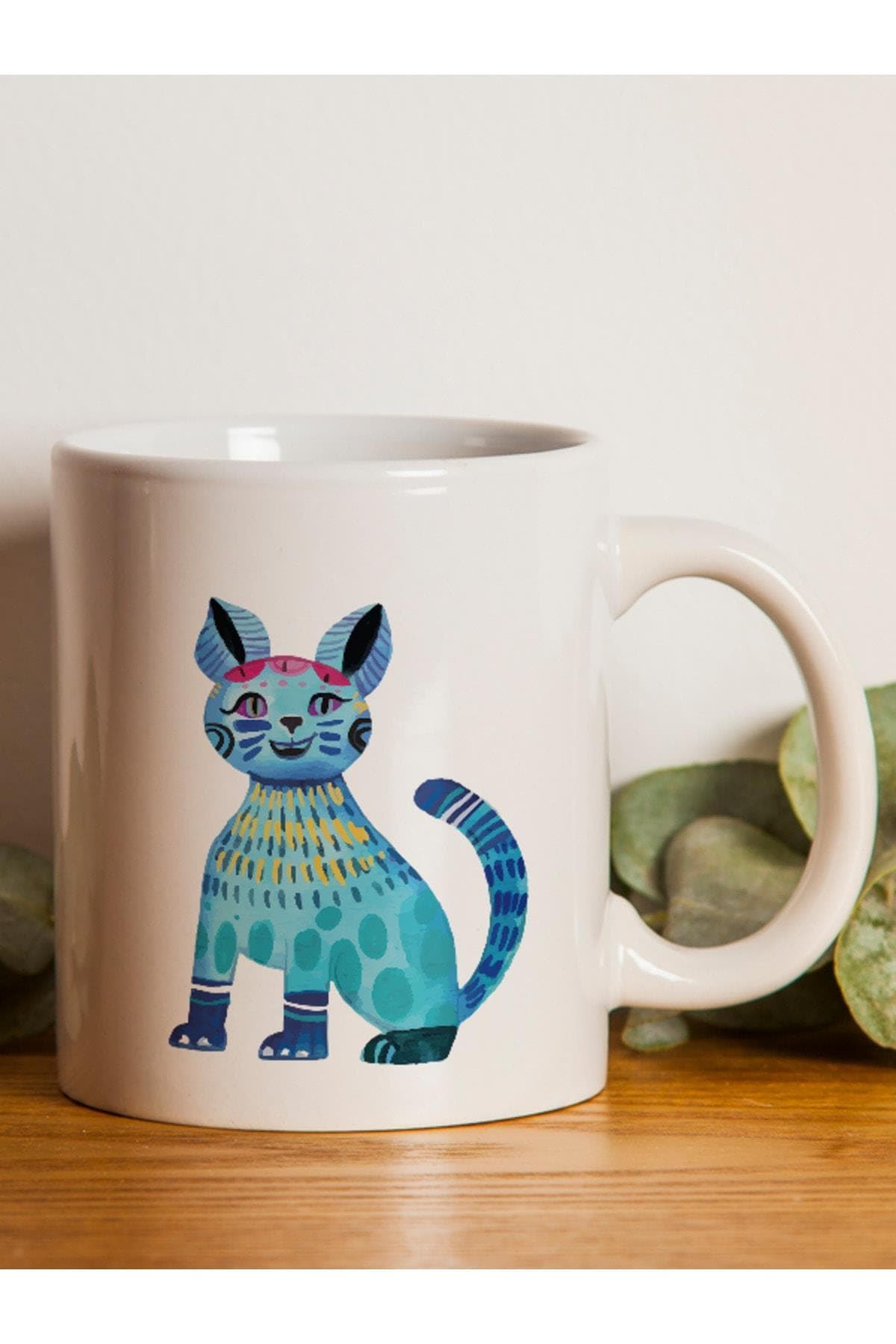 Mavi Kedi Baskılı Beyaz Kupa Bardak Fincan Mug