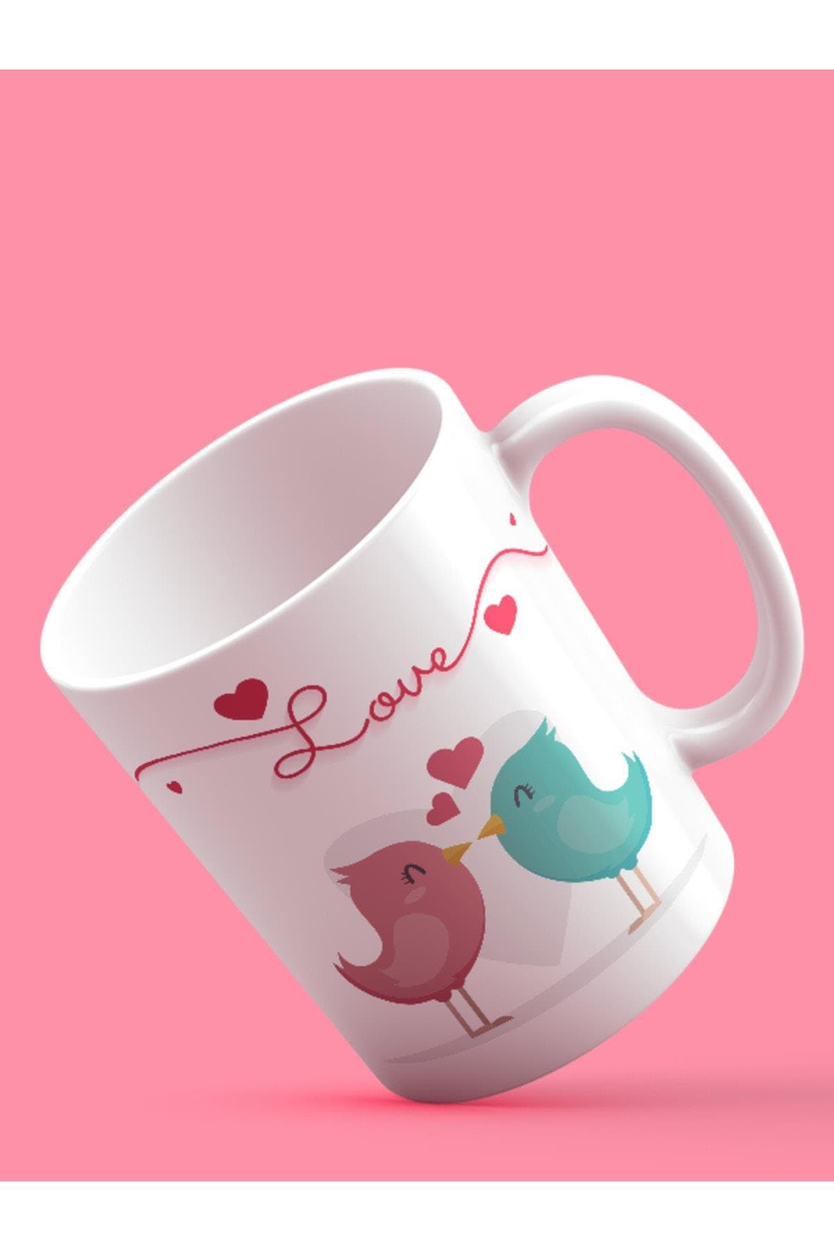 Love Kuşlar Baskılı Beyaz Kupa Bardak Fincan Mug