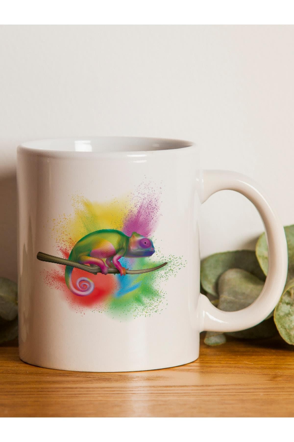 Rengarenk Bukalemun Baskılı Beyaz Kupa Bardak Fincan Mug