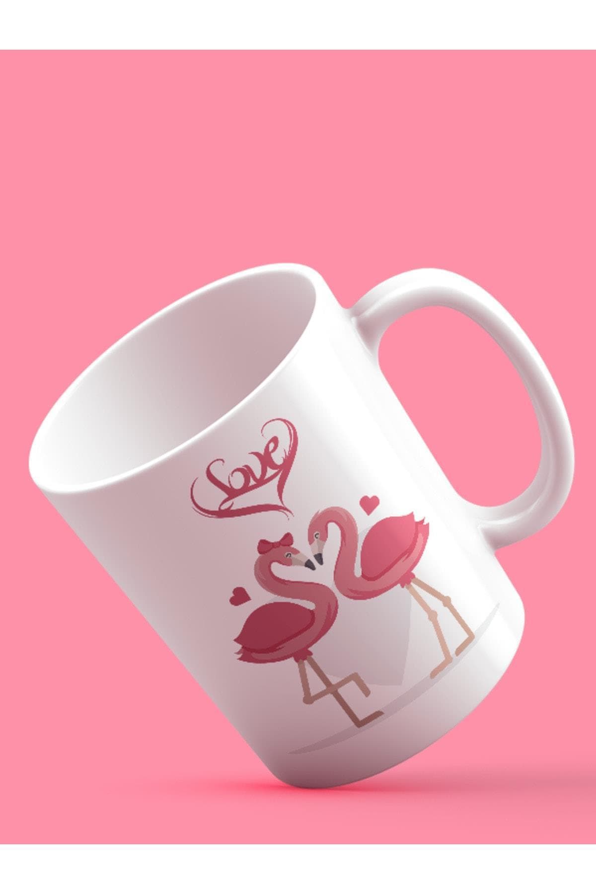 Love Flamingolar Baskılı Beyaz Kupa Bardak Fincan Mug