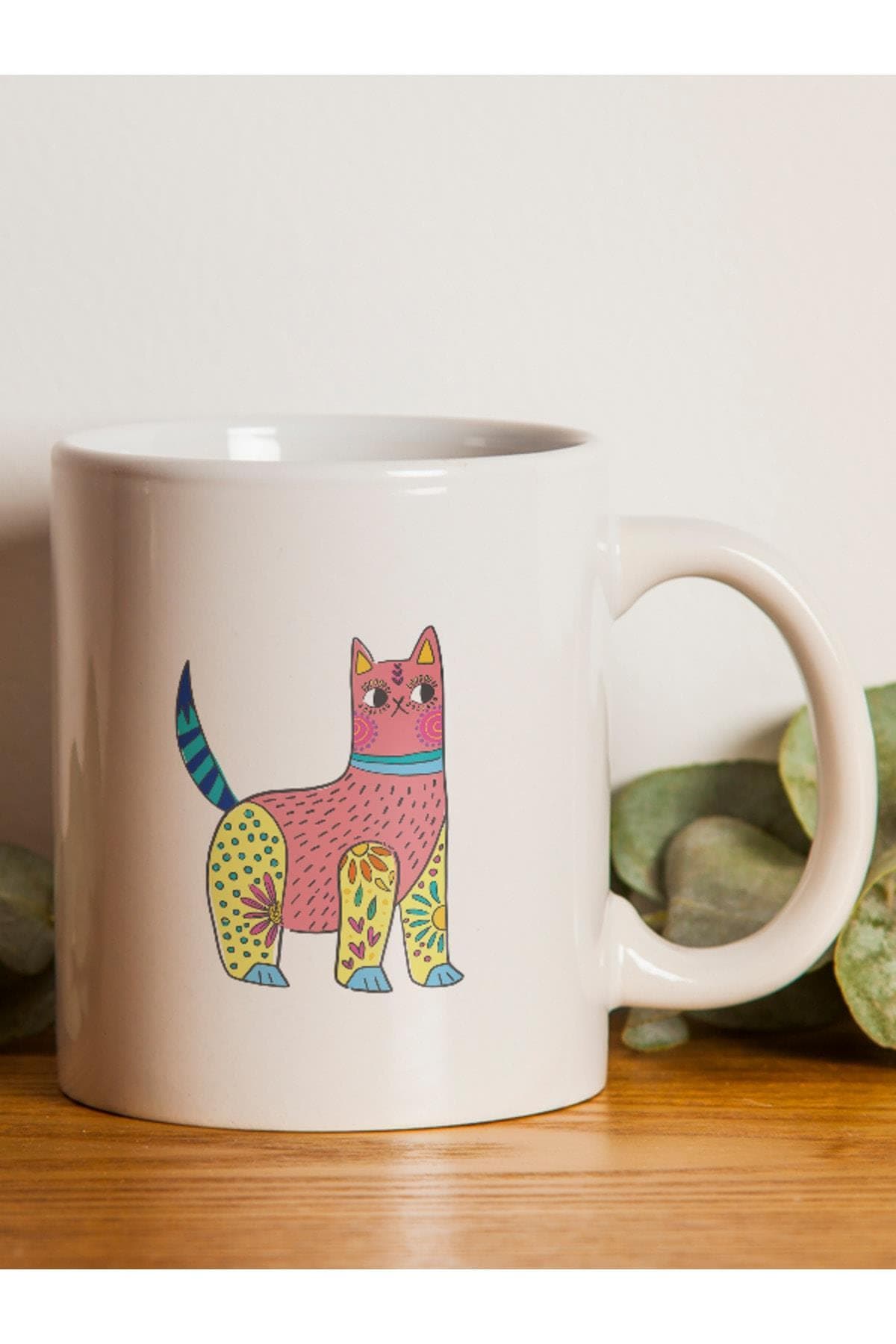 Renkli Kedi Baskılı Beyaz Kupa Bardak Fincan Mug