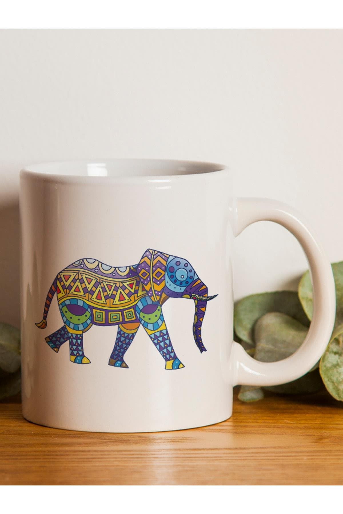 Renkli Yürüyen Fil Baskılı Beyaz Kupa Bardak Fincan Mug