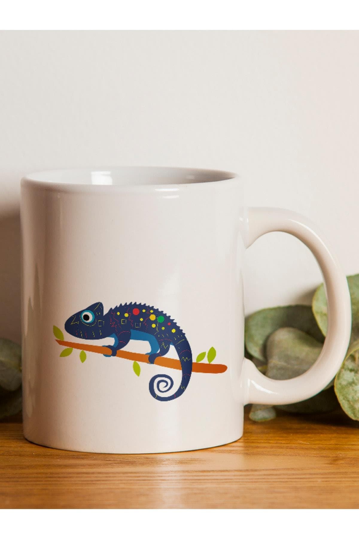 Mavi Bukalemun Baskılı Beyaz Kupa Bardak Fincan Mug