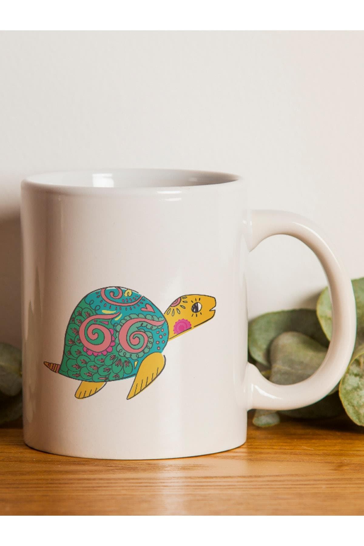 Su Kaplumbağası Baskılı Beyaz Kupa Bardak Fincan Mug