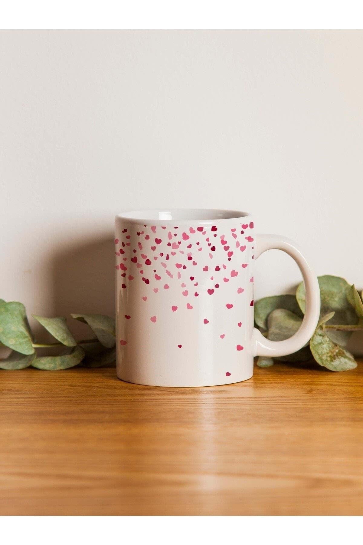 Düşen Kalpler Baskılı Beyaz Kupa Bardak Fincan Mug