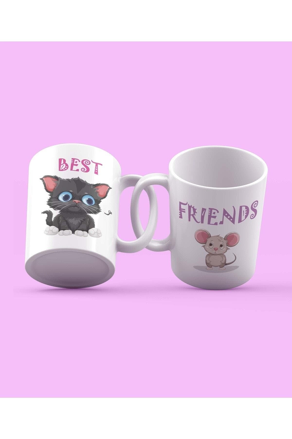 Best Friends Kedi Fare Baskılı 2'li Set Kupa - Arkadaşa Hediye Bardak Fincan Mug