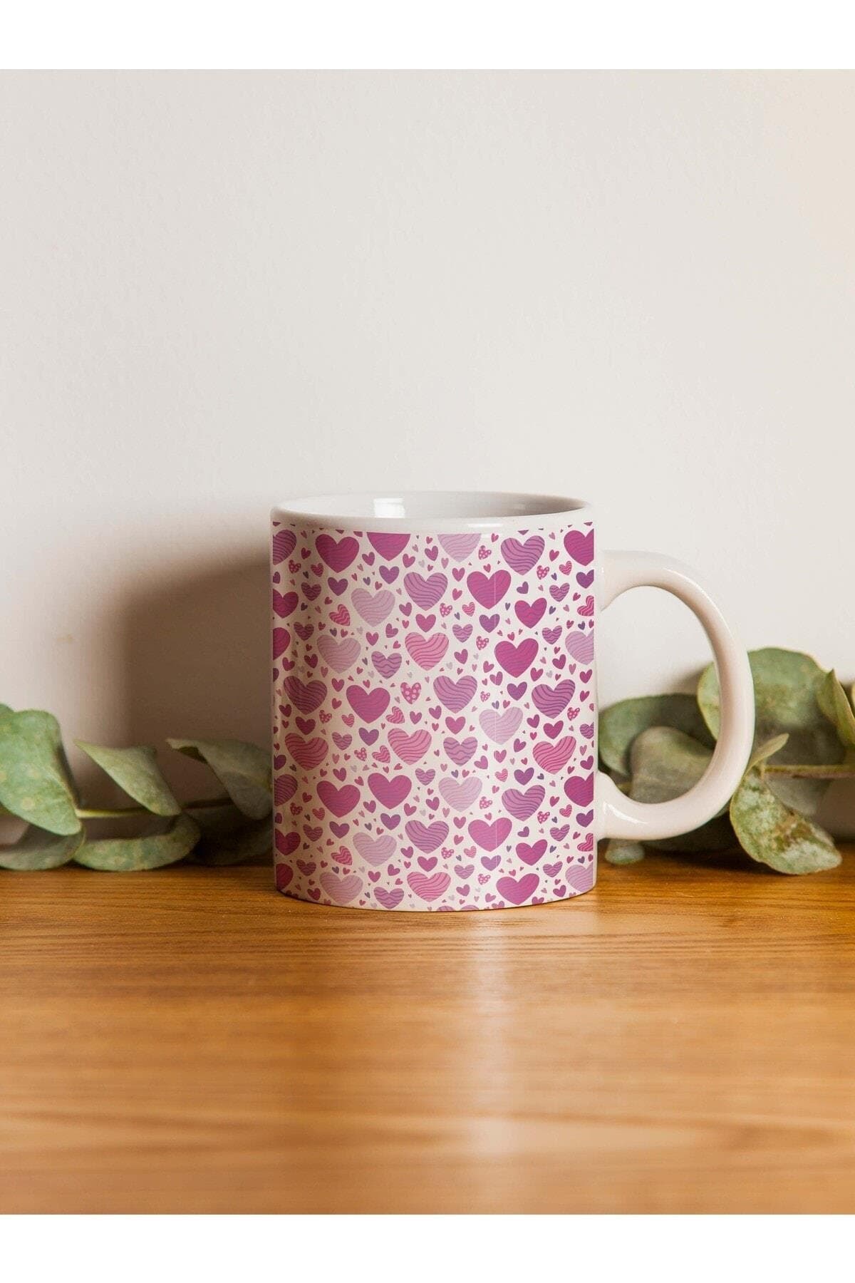 Pembe Mor Kalpler Baskılı Beyaz Kupa Bardak Fincan Mug