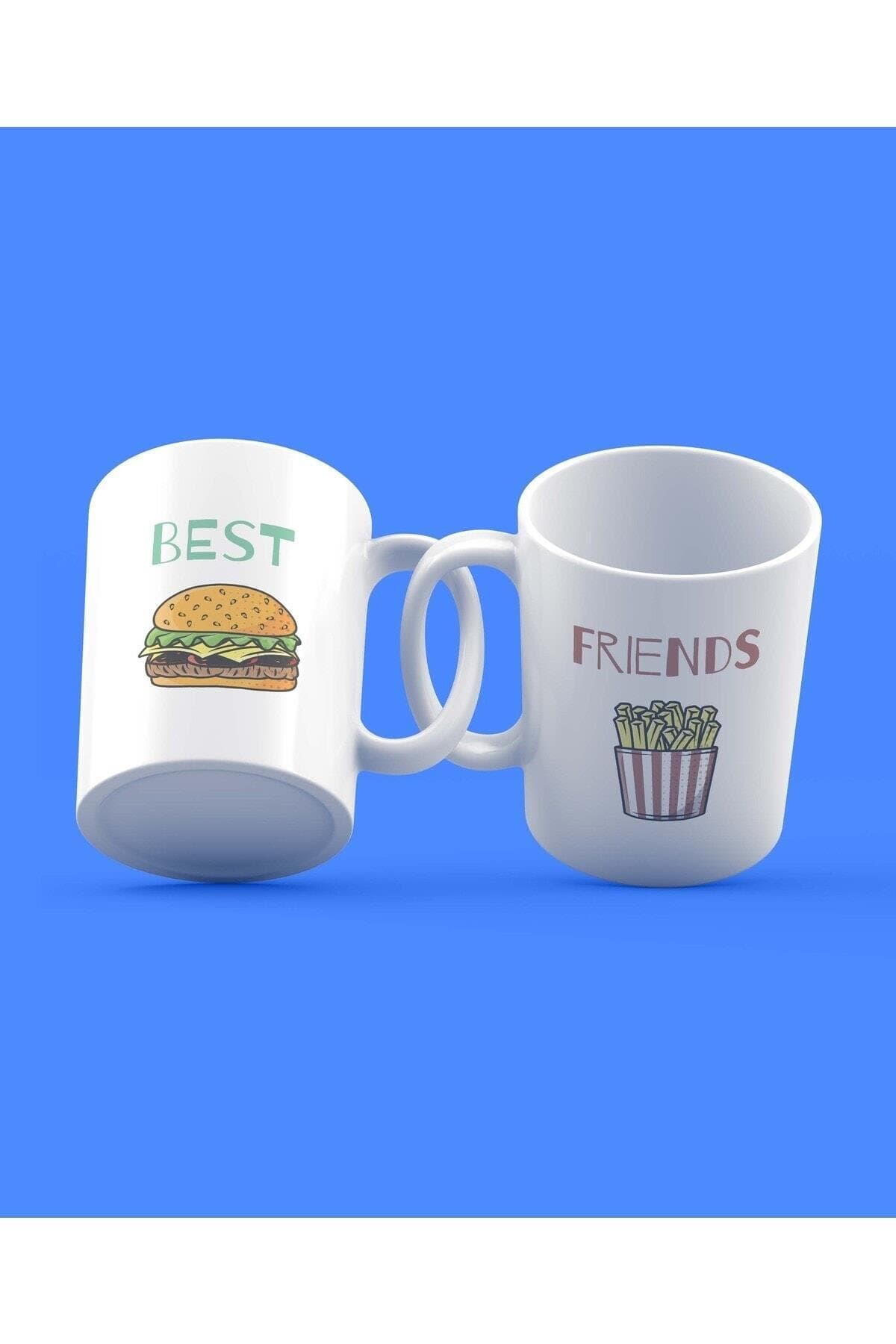 Best Friends Hamburger Patates Baskılı 2'li Set Kupa - Arkadaşa Hediye Bardak Fincan Mug