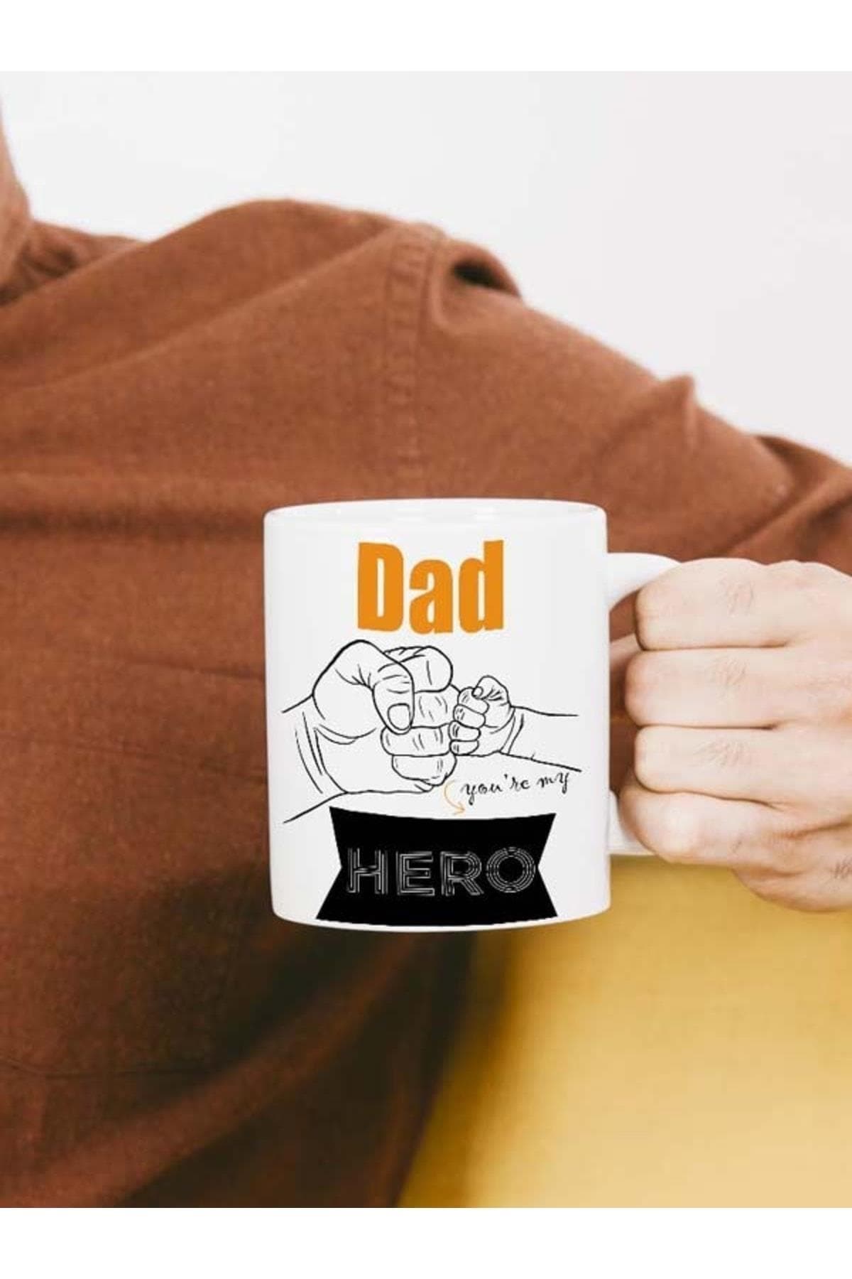 Dad Hero Baskılı Beyaz Kupa - Babalar Günü Hediyesi Bardak Fincan Mug