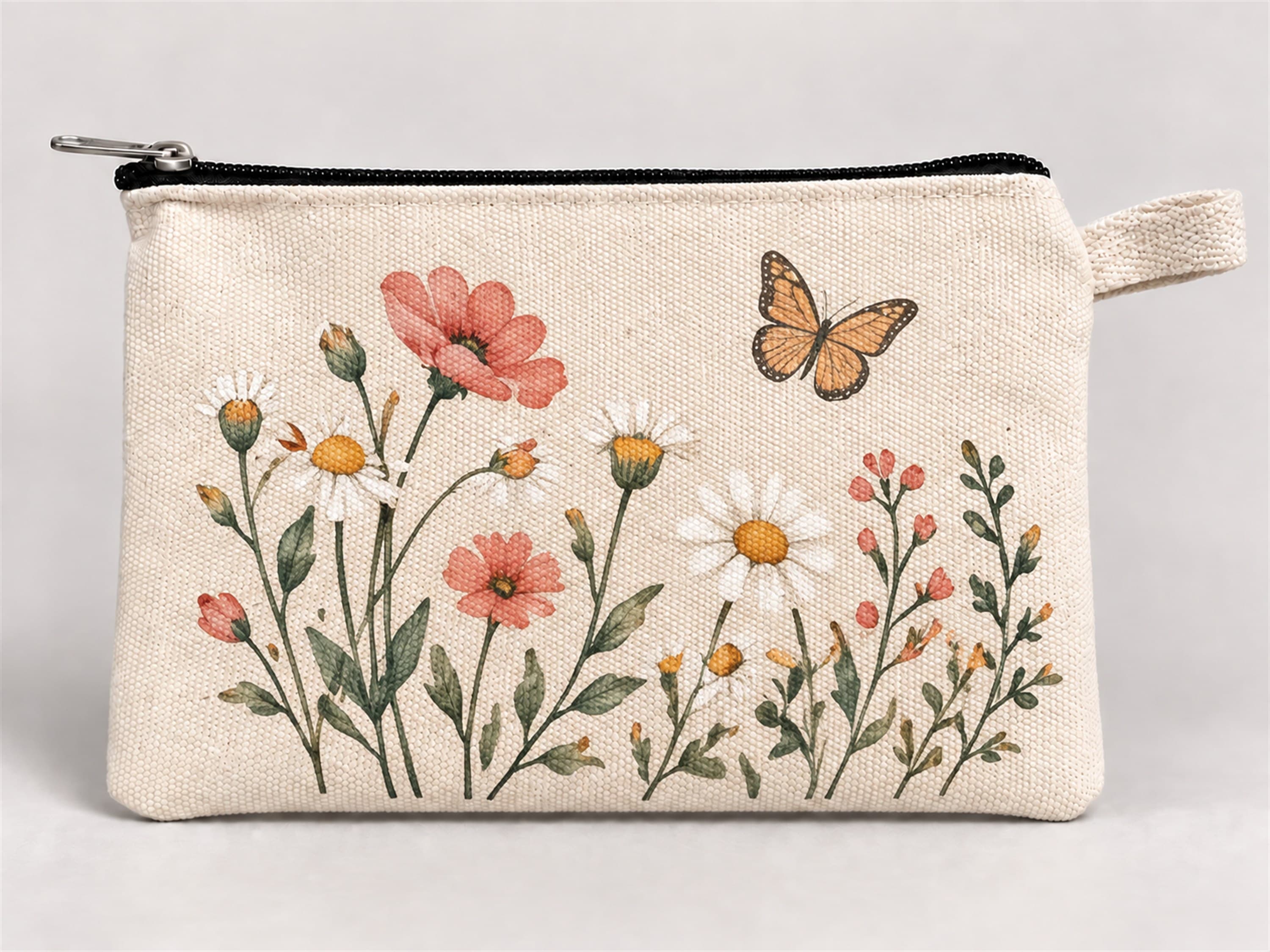 Kelebekli Kır Çiçekleri Baskılı Fermuarlı Kalemlik 20x10 cm Kalem Kutusu Model 01293