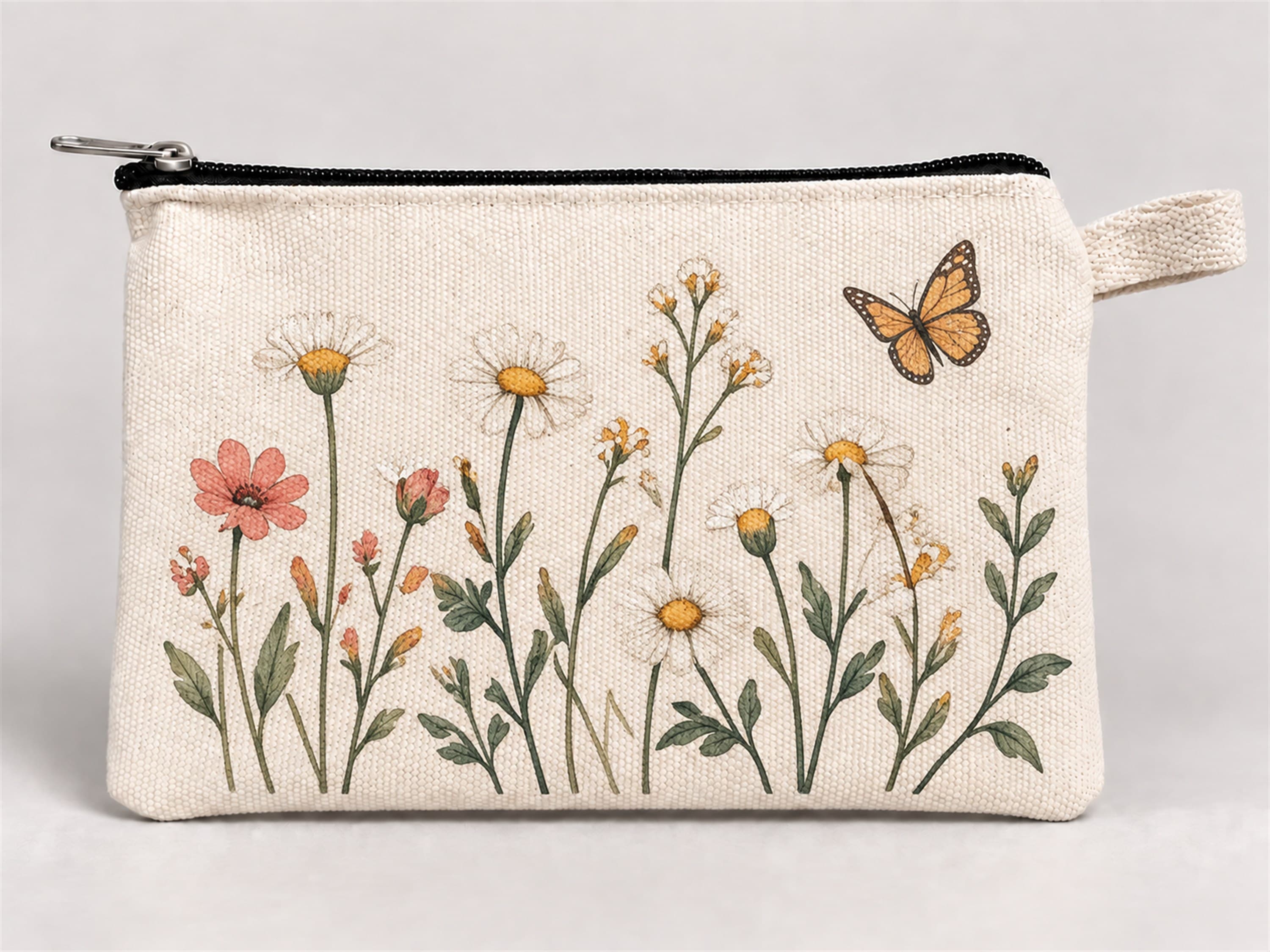 Kelebekli Kır Çiçekleri Baskılı Fermuarlı Kalemlik 20x10 cm Kalem Kutusu Model 01288