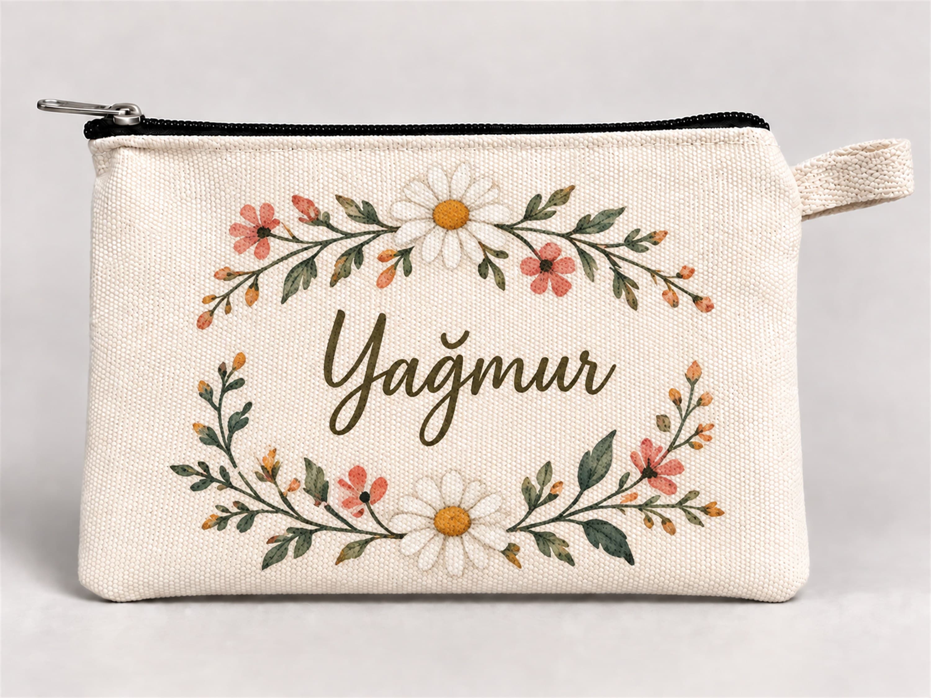 Kişiye Özel Papatya Çerçevesi Baskılı Fermuarlı Kalemlik 20x10 cm Kalem Kutusu