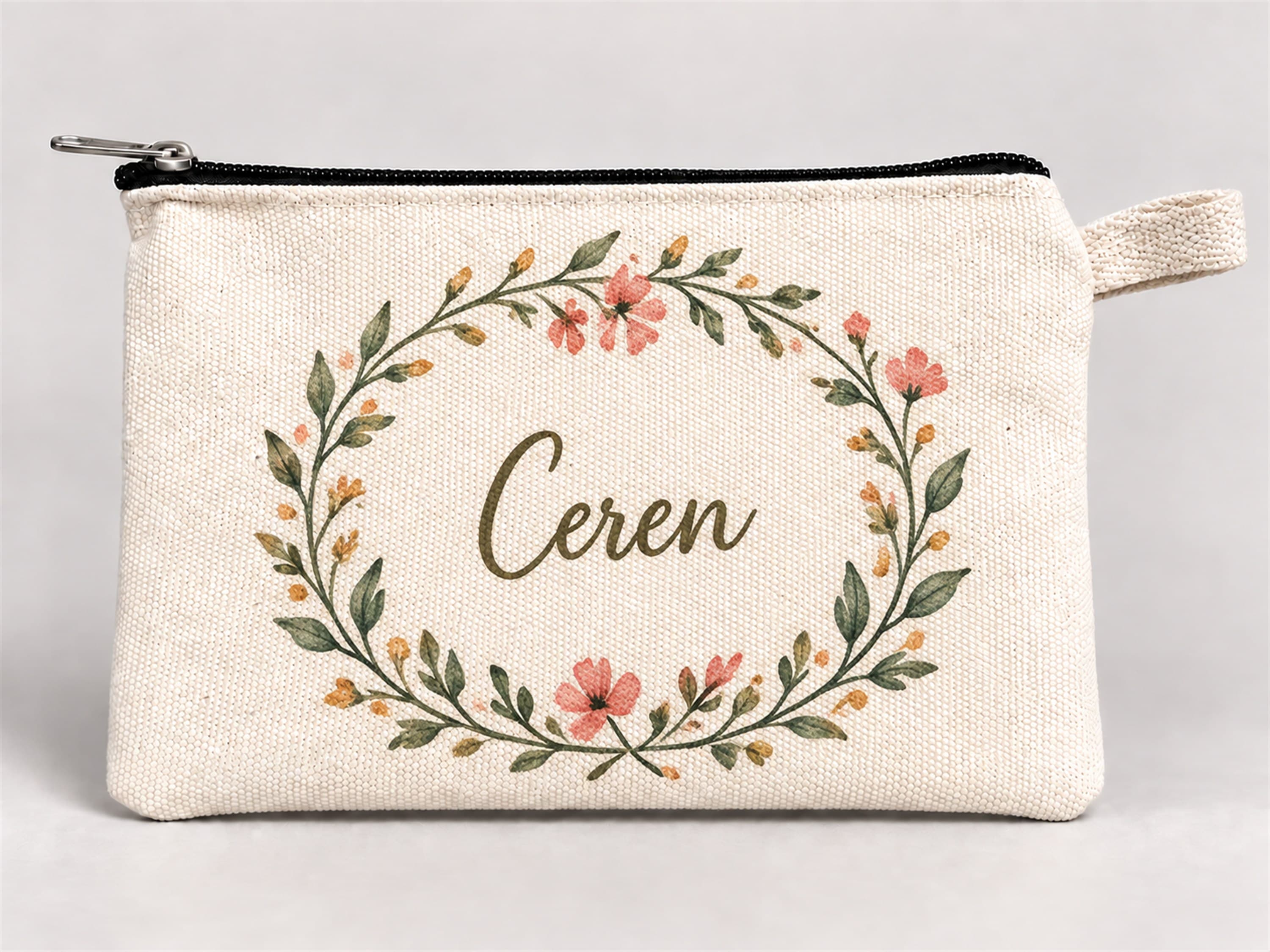 Kişiye Özel Çiçek Çelengi Baskılı Fermuarlı Kalemlik 20x10 cm Kalem Kutusu Model 01302