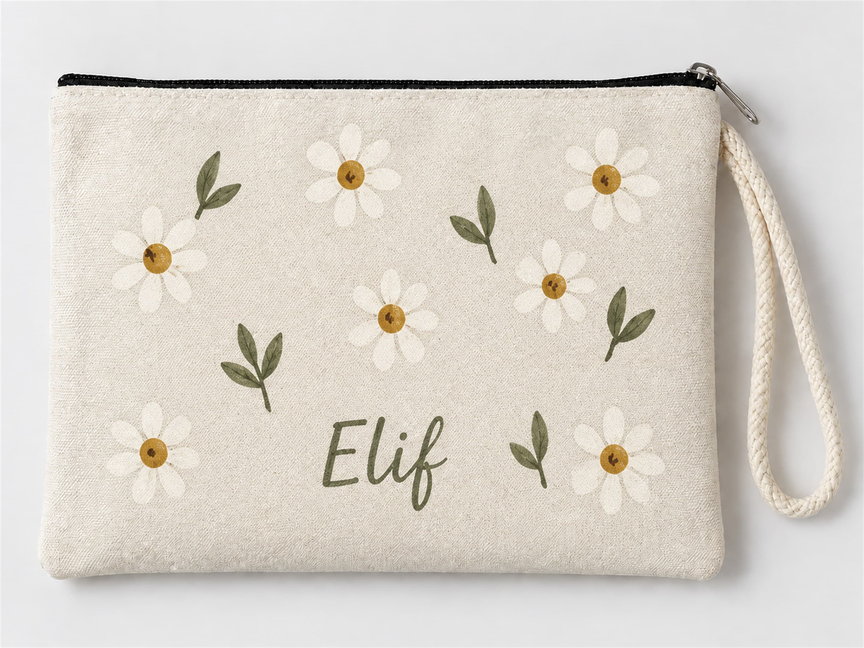 Kişiye Özel Papatya Deseni Baskılı Fermuarlı Makyaj Çantası Bozuk Para Cüzdanı Clutch