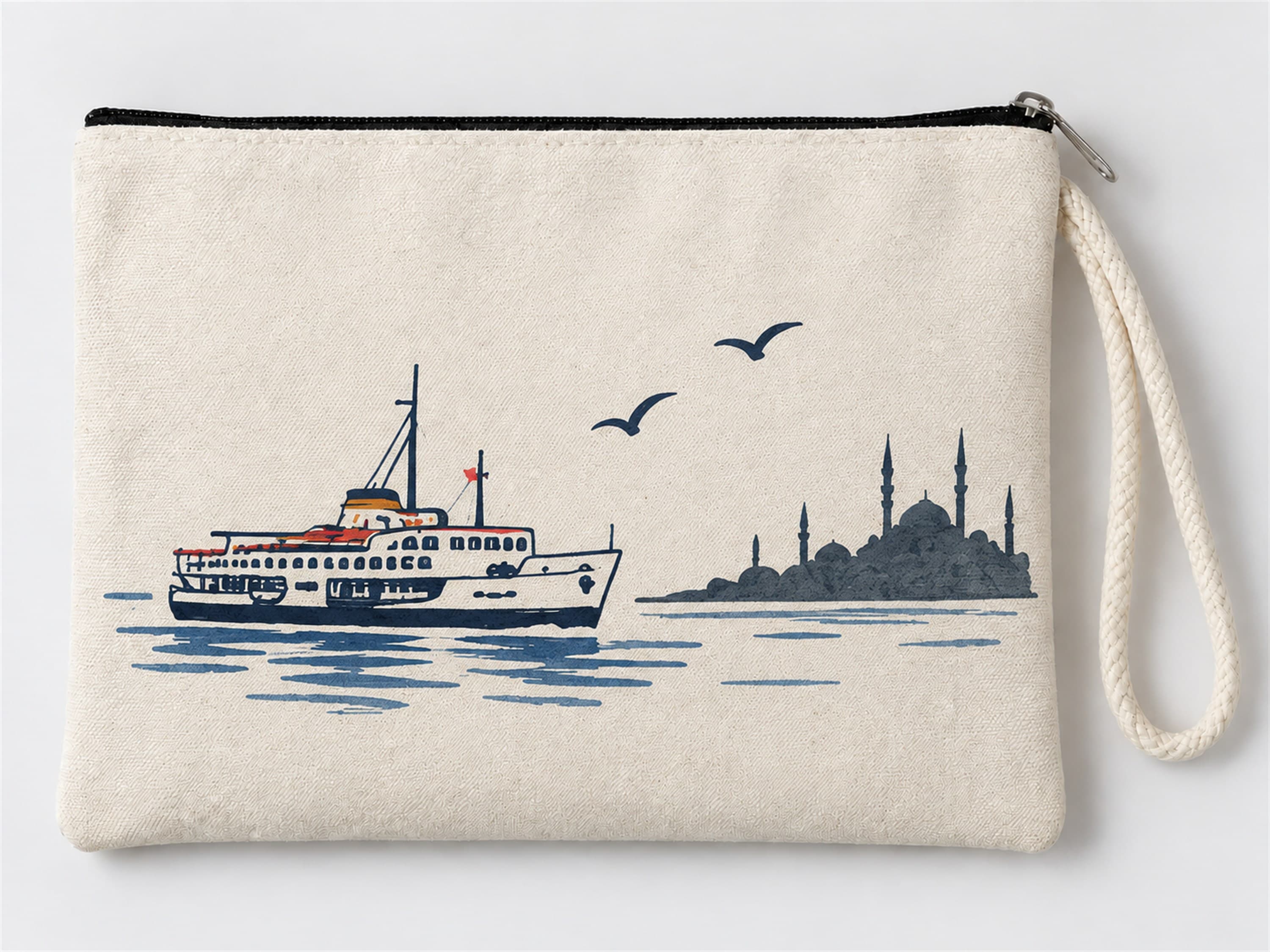 İstanbul Vapuru Baskılı Fermuarlı Makyaj Çantası Bozuk Para Cüzdanı Clutch