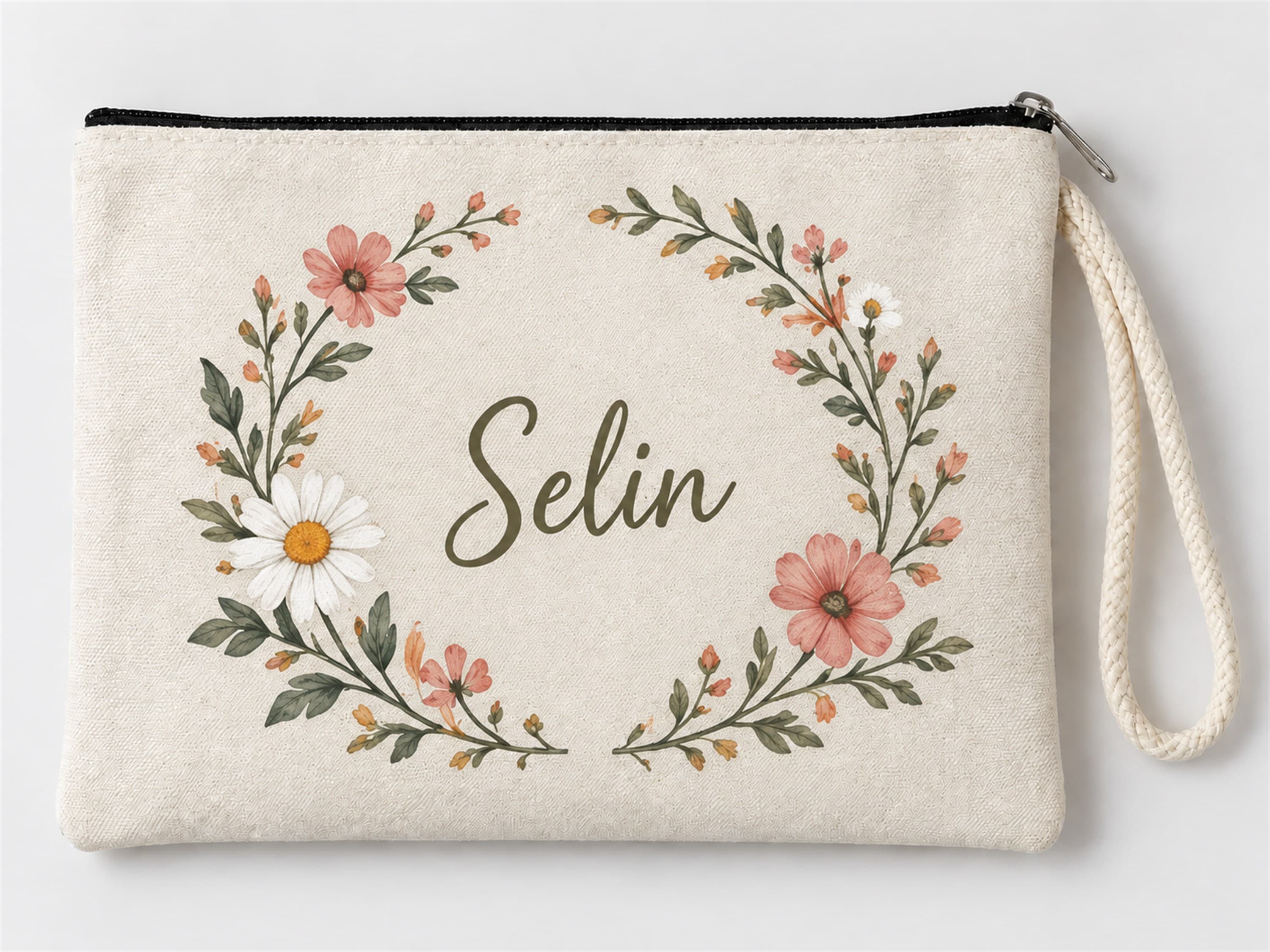 Kişiye Özel Papatya Çelengi Baskılı Fermuarlı Makyaj Çantası Bozuk Para Cüzdanı Clutch