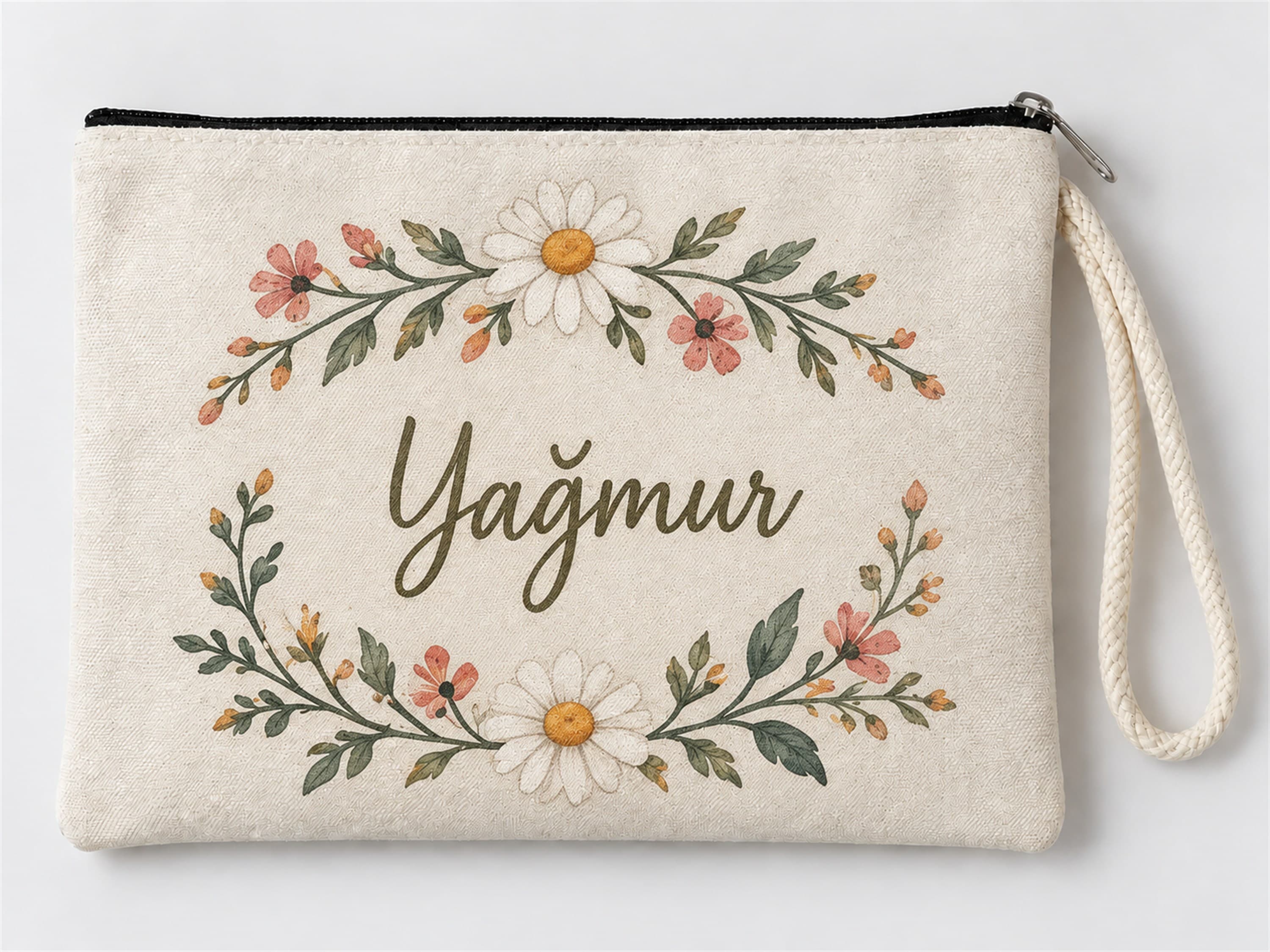Kişiye Özel Papatya Çerçevesi Baskılı Fermuarlı Makyaj Çantası Bozuk Para Cüzdanı Clutch