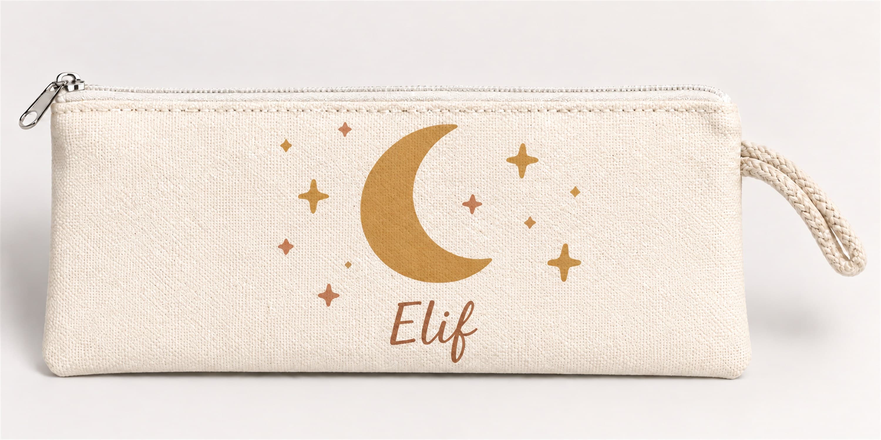 Kişiye Özel Ay ve Yıldız Baskılı Fermuarlı Clutch El Çantası Makyaj Çantası