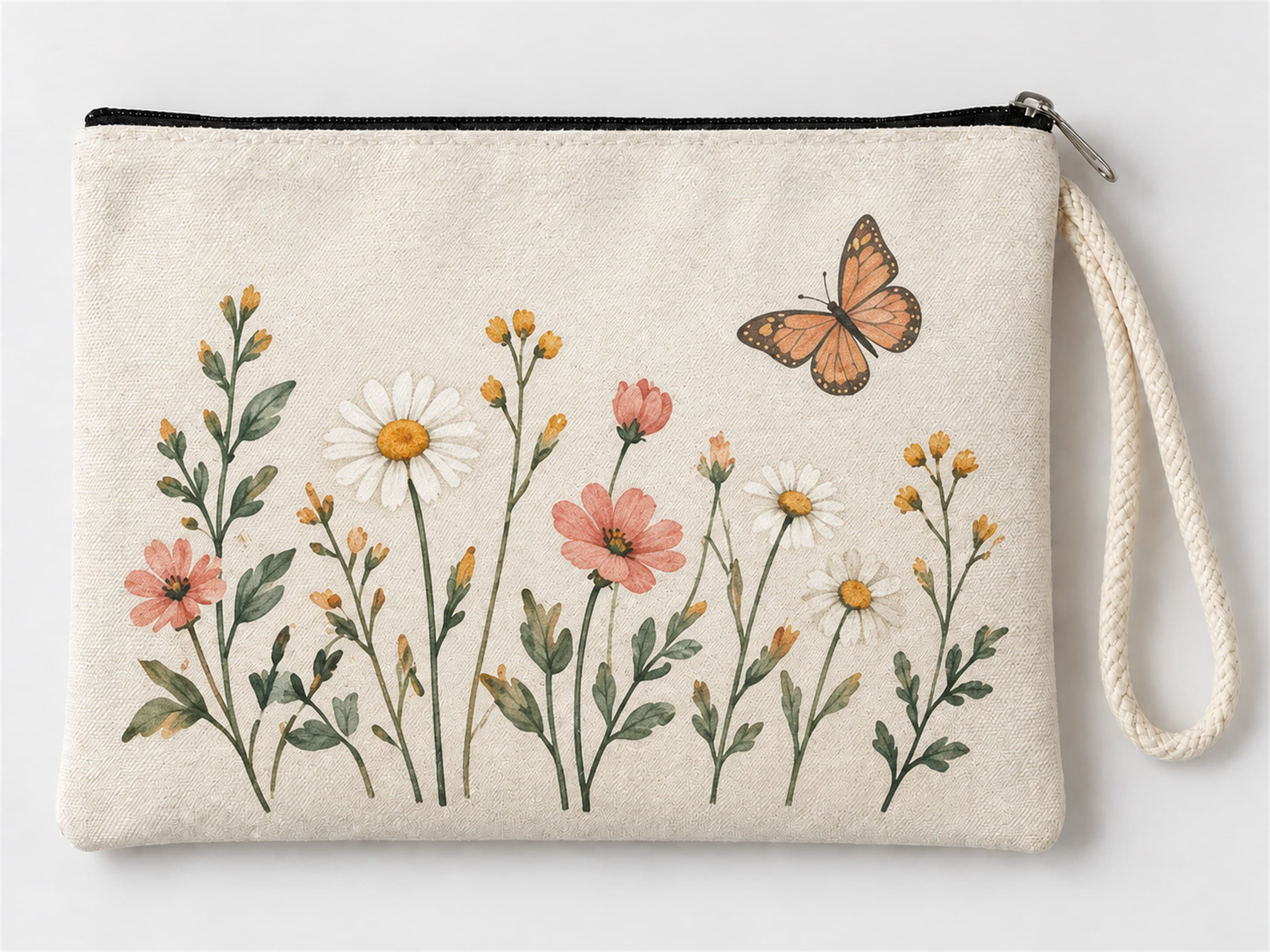Kelebekli Kır Çiçekleri Baskılı Fermuarlı Makyaj Çantası Bozuk Para Cüzdanı Clutch Model 01286