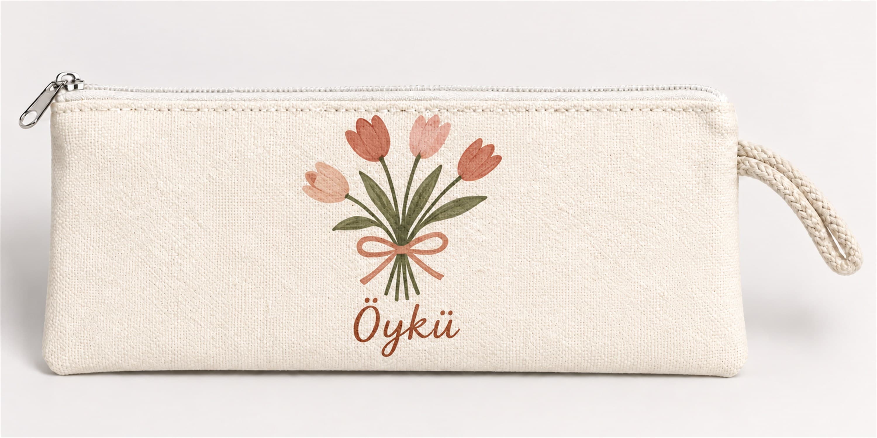 Kişiye Özel Lale Buketi Baskılı Fermuarlı Clutch El Çantası Makyaj Çantası