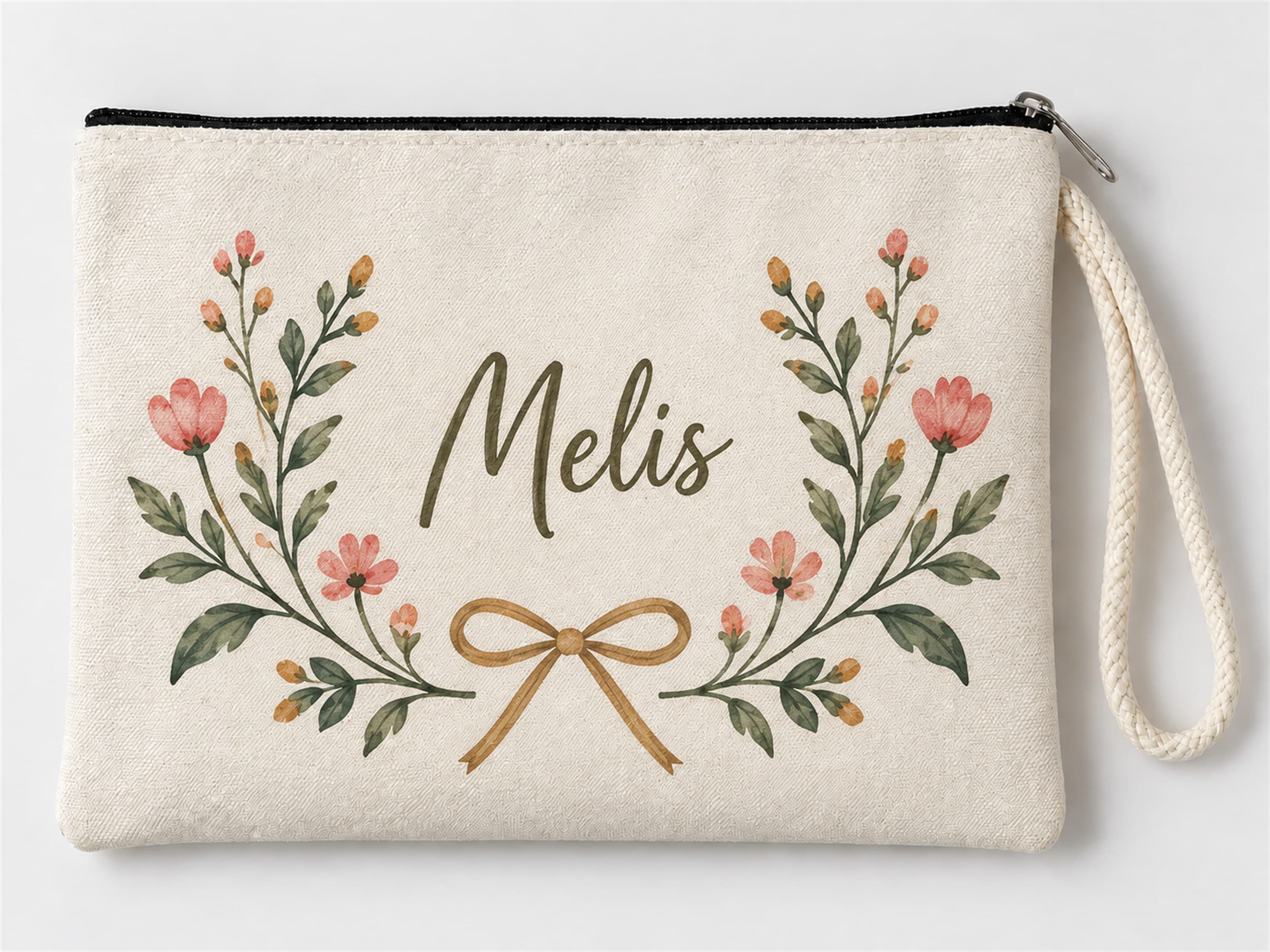 Kişiye Özel Fiyonk Çiçek Çelengi Baskılı Fermuarlı Makyaj Çantası Bozuk Para Cüzdanı Clutch