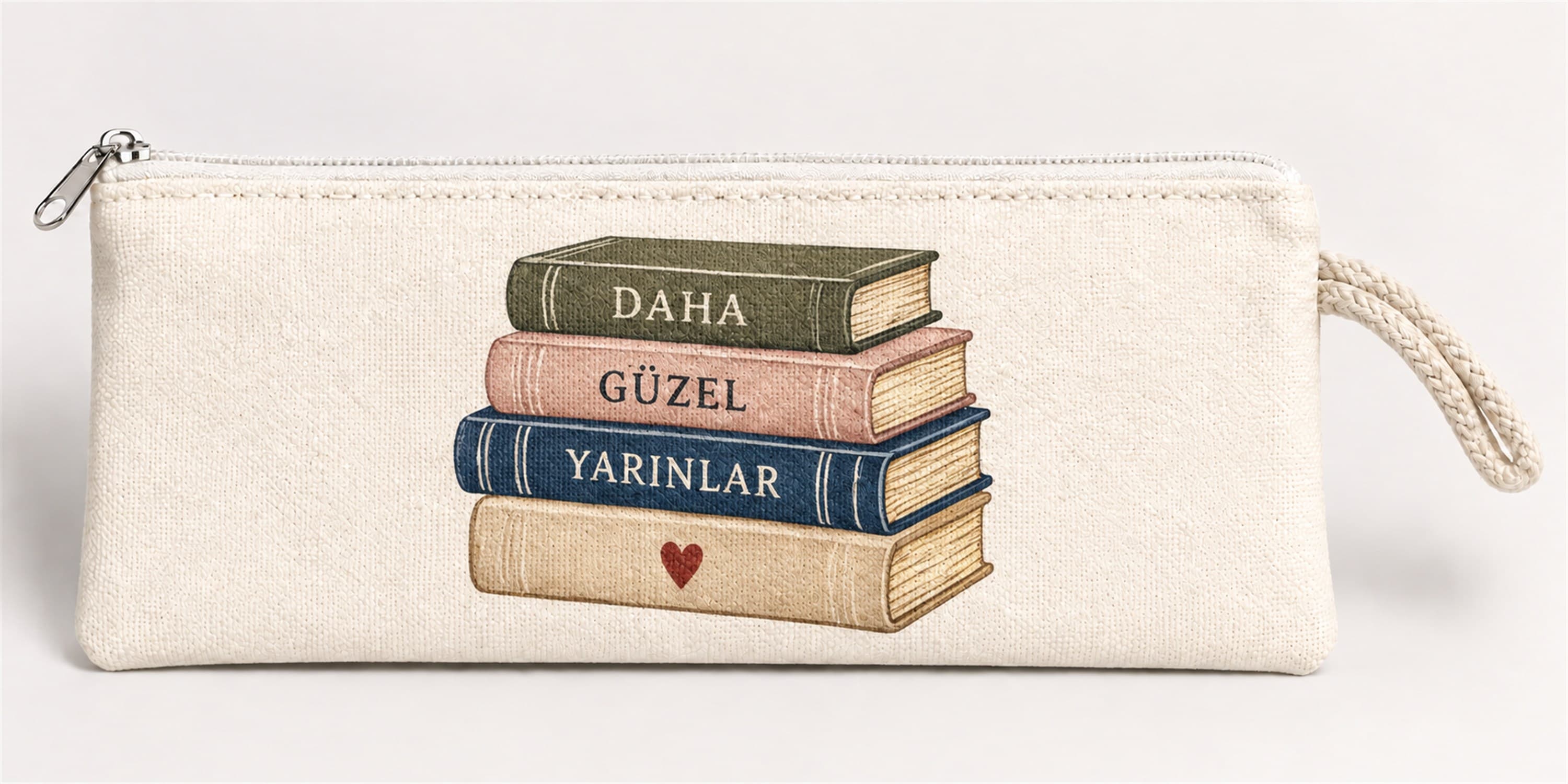 Kitap Yığını Baskılı Fermuarlı Clutch El Çantası Makyaj Çantası