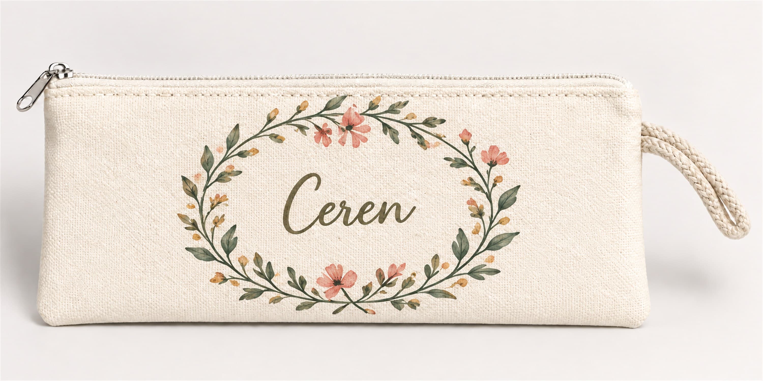 Kişiye Özel Çiçek Çelengi Baskılı Fermuarlı Clutch El Çantası Makyaj Çantası Model 01302