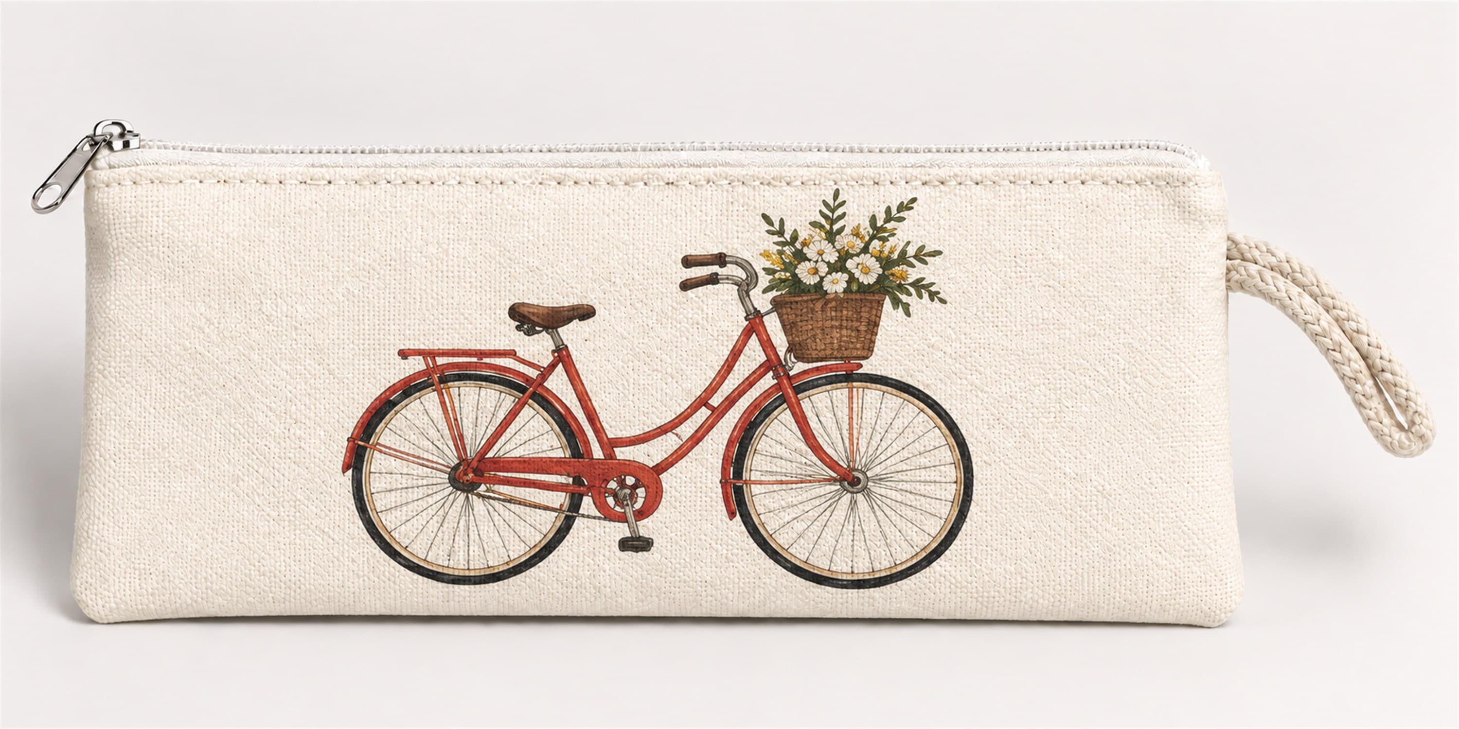 Çiçek Sepetli Bisiklet Baskılı Fermuarlı Clutch El Çantası Makyaj Çantası