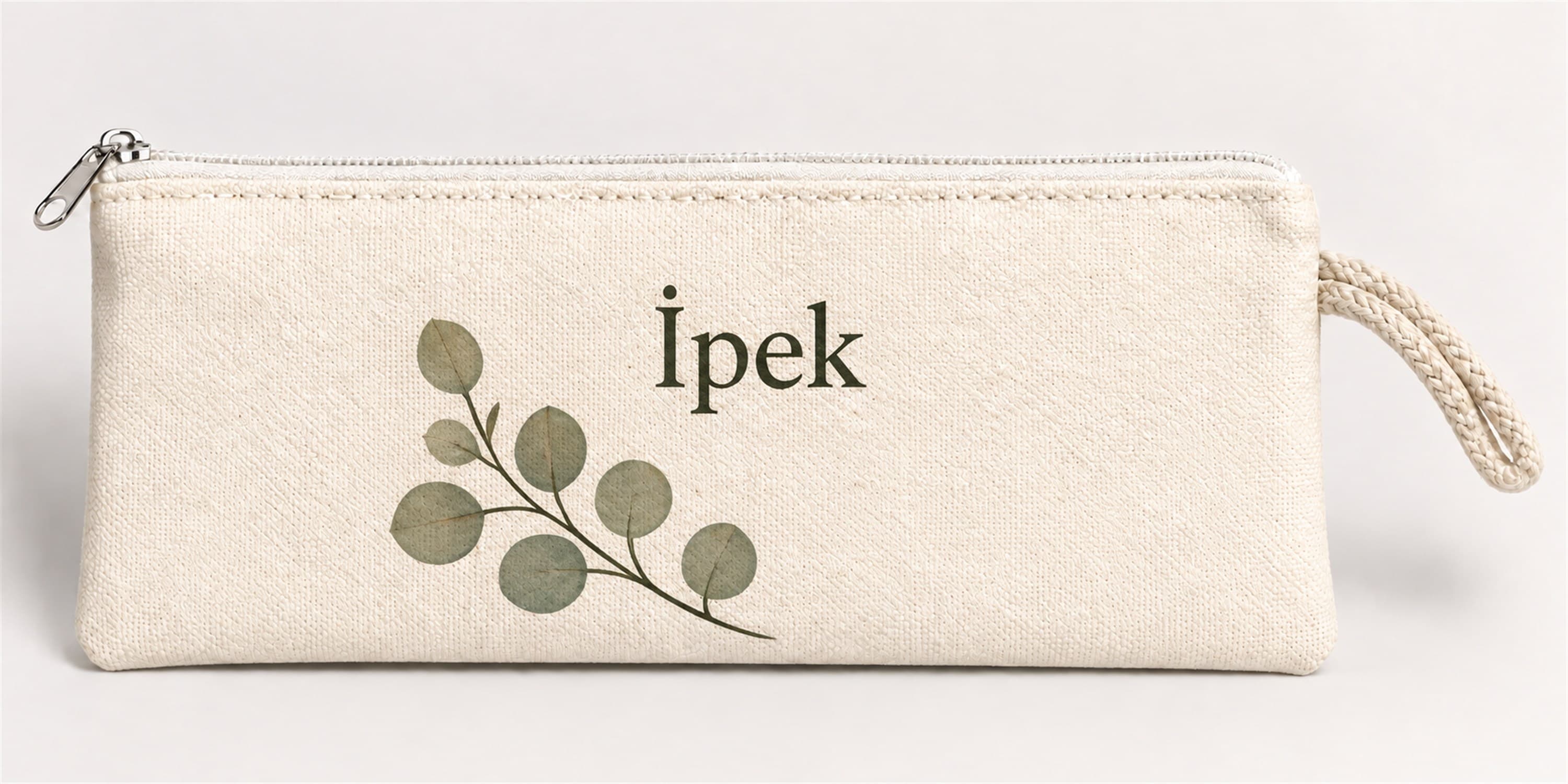 Kişiye Özel Okaliptüs Yaprakları Baskılı Fermuarlı Clutch El Çantası Makyaj Çantası