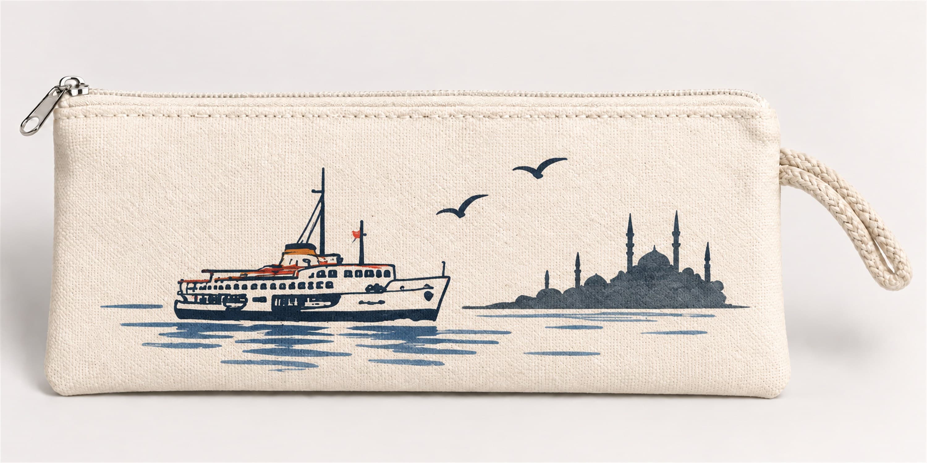 İstanbul Vapuru Baskılı Fermuarlı Clutch El Çantası Makyaj Çantası