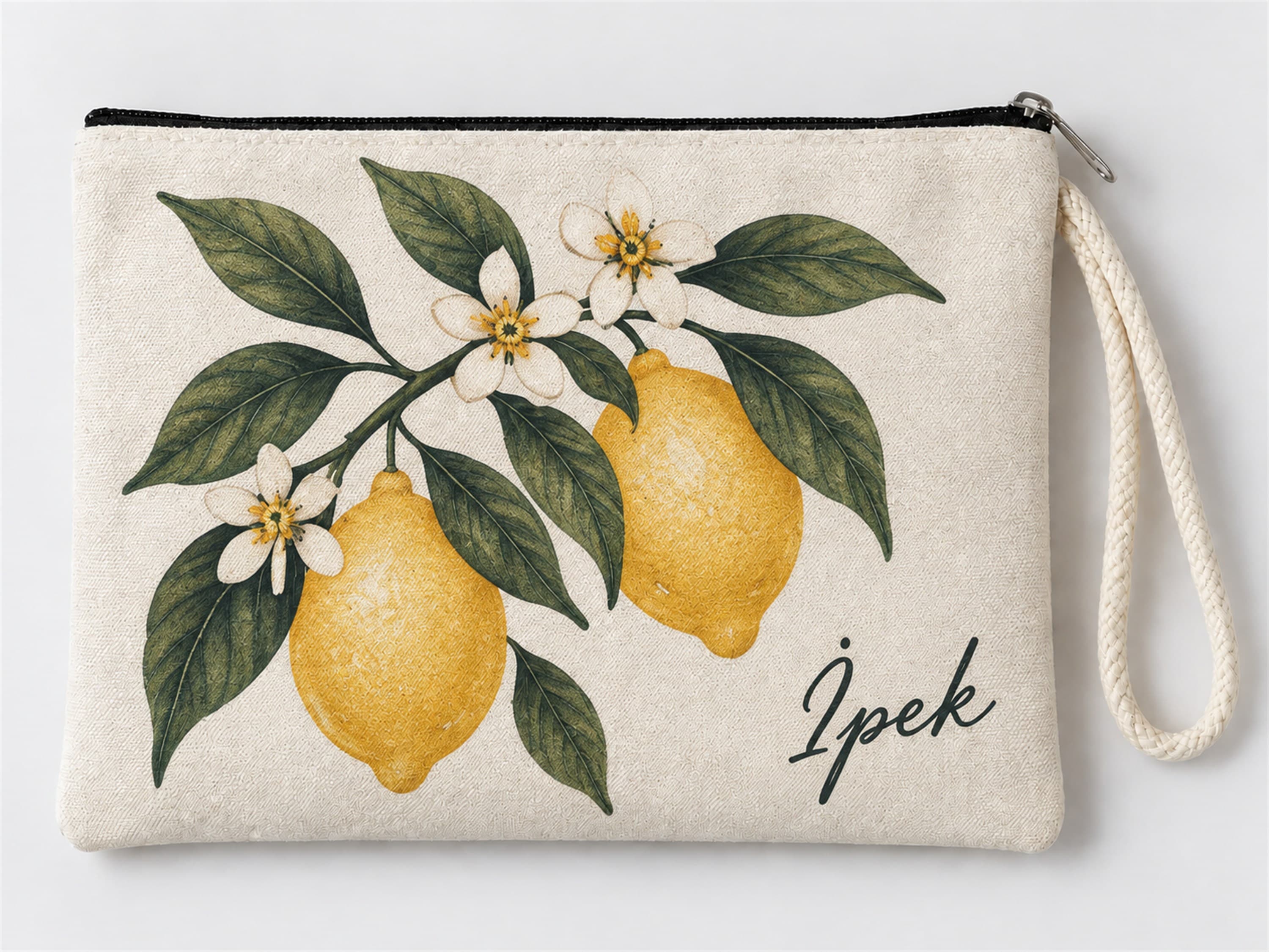 Kişiye Özel Limon Çiçeği Baskılı Fermuarlı Makyaj Çantası Bozuk Para Cüzdanı Clutch