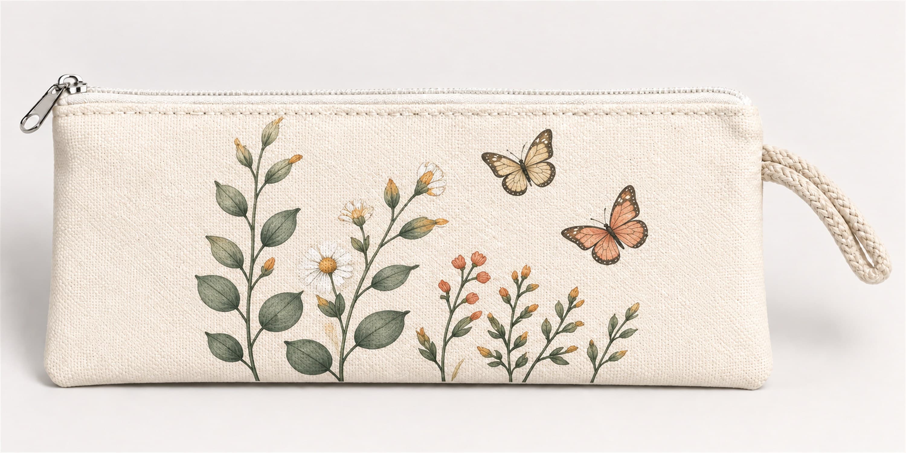 Kelebekli Çiçek Dalları Baskılı Fermuarlı Clutch El Çantası Makyaj Çantası
