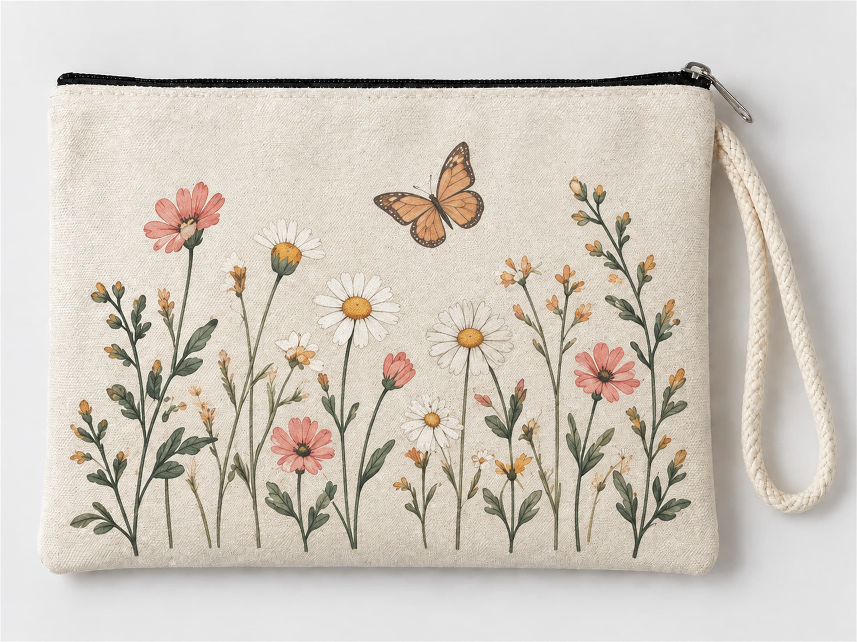 Kelebekli Kır Çiçekleri Baskılı Fermuarlı Makyaj Çantası Bozuk Para Cüzdanı Clutch Model 01298