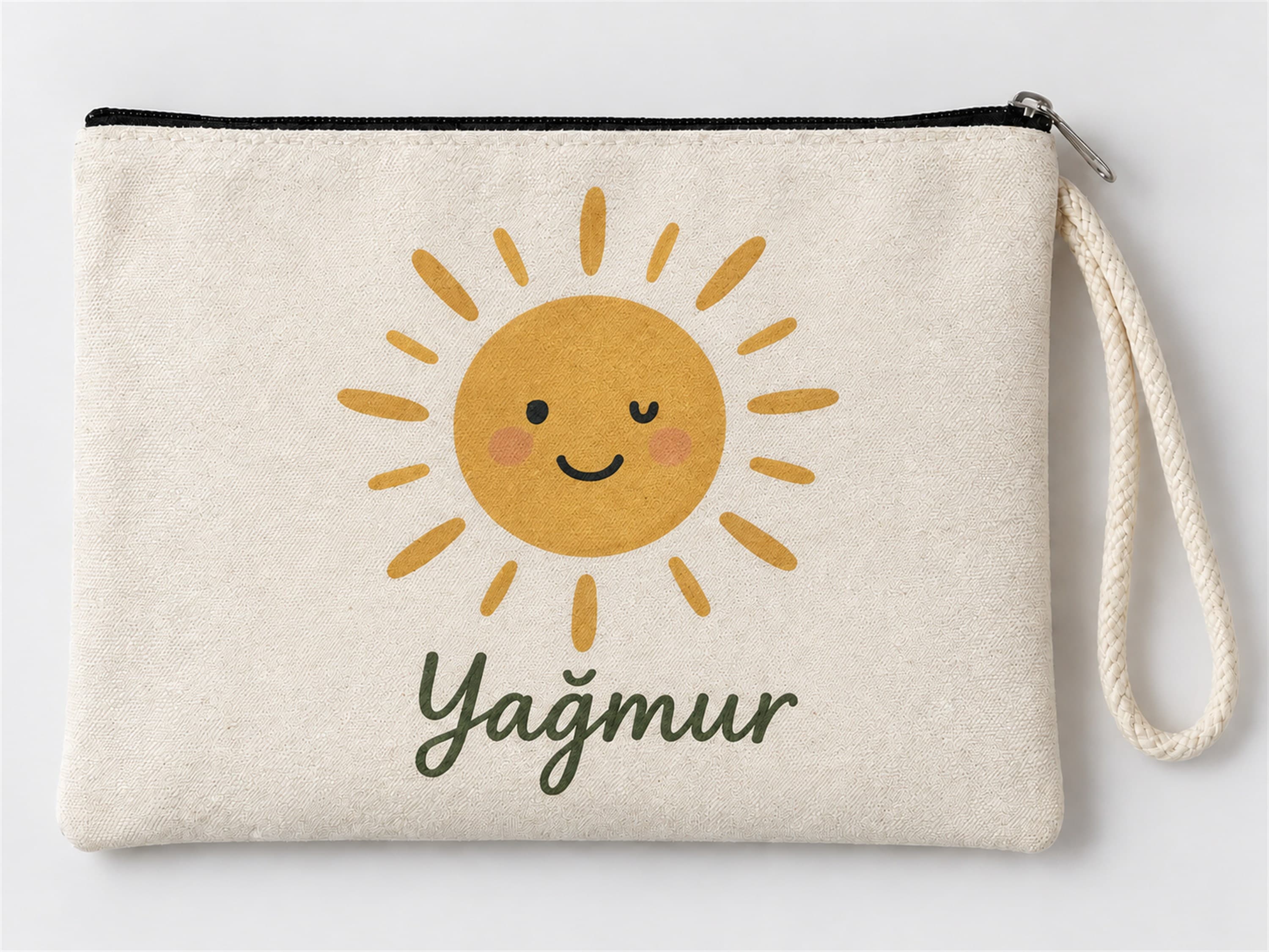 Kişiye Özel Gülümseyen Güneş Baskılı Fermuarlı Makyaj Çantası Bozuk Para Cüzdanı Clutch