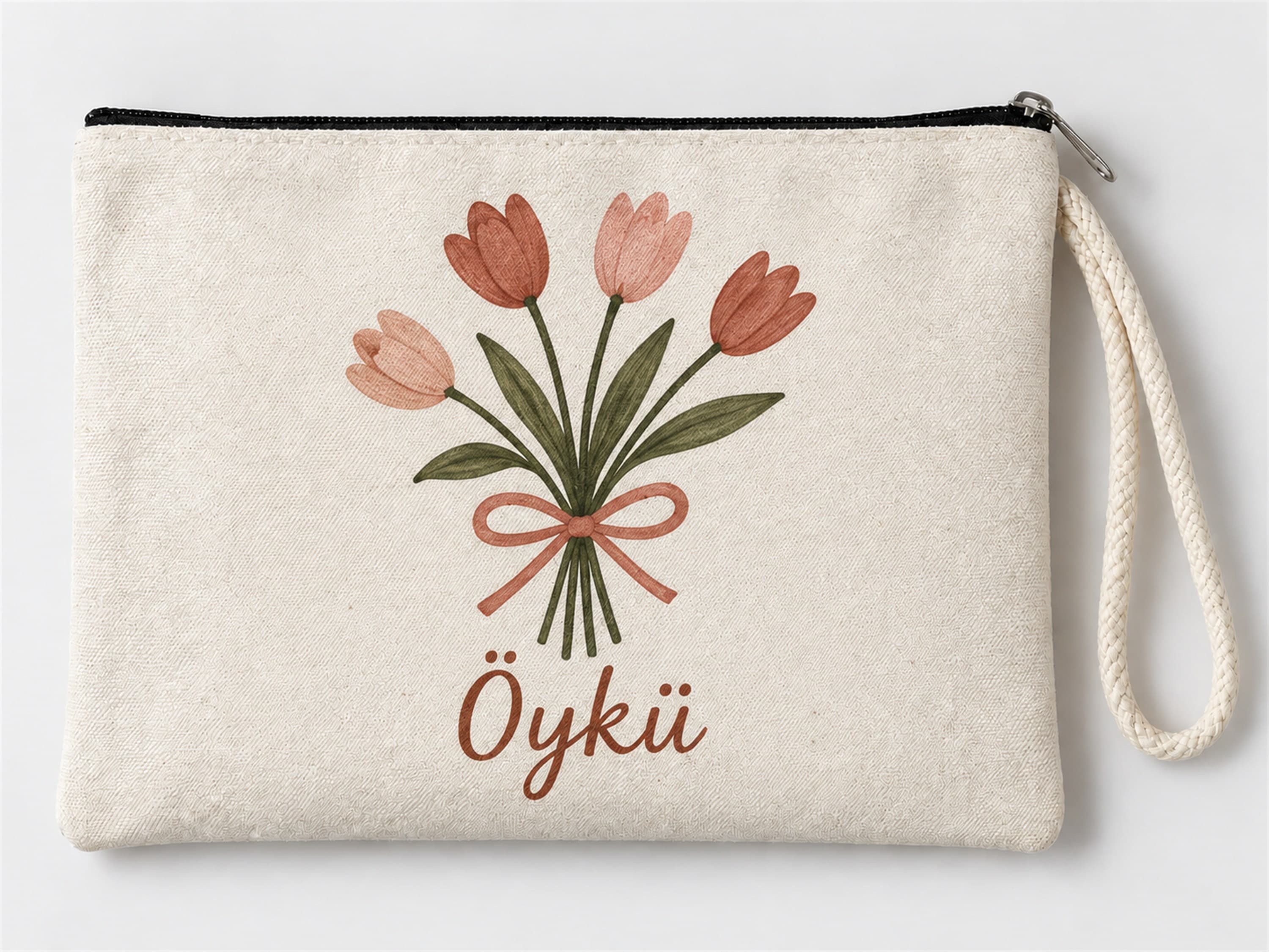 Kişiye Özel Lale Buketi Baskılı Fermuarlı Makyaj Çantası Bozuk Para Cüzdanı Clutch
