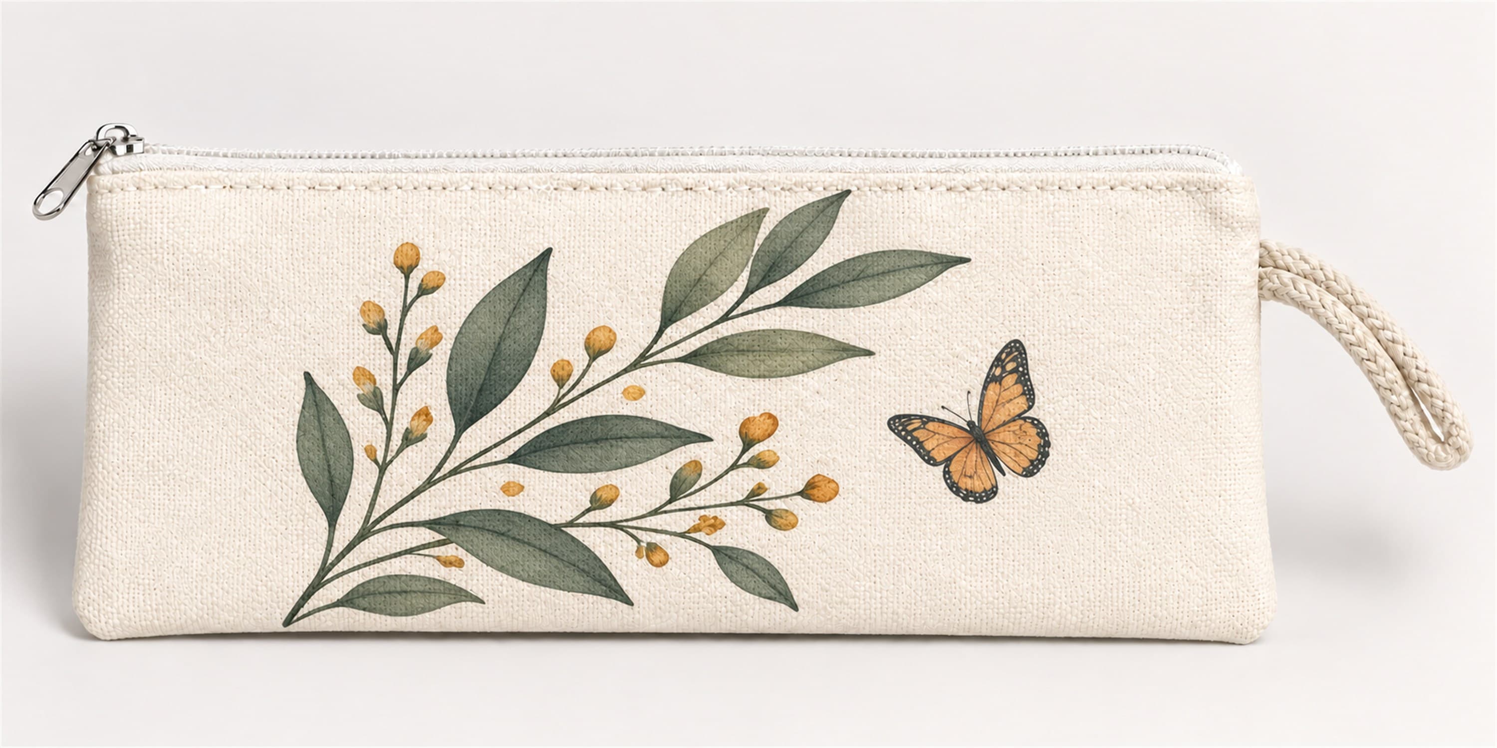 Kelebekli Yaprak Dalı Baskılı Fermuarlı Clutch El Çantası Makyaj Çantası