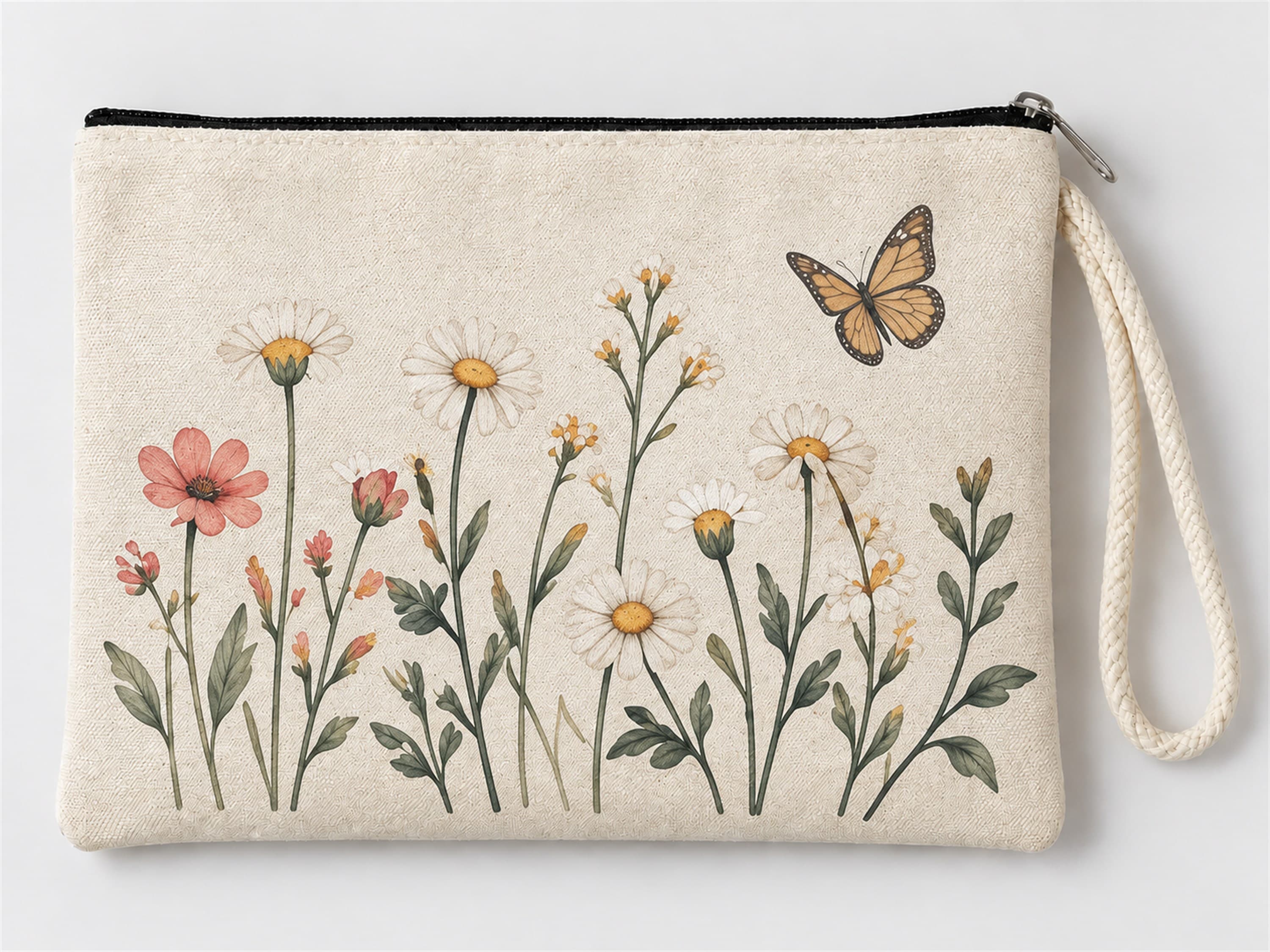 Kelebekli Kır Çiçekleri Baskılı Fermuarlı Makyaj Çantası Bozuk Para Cüzdanı Clutch Model 01288
