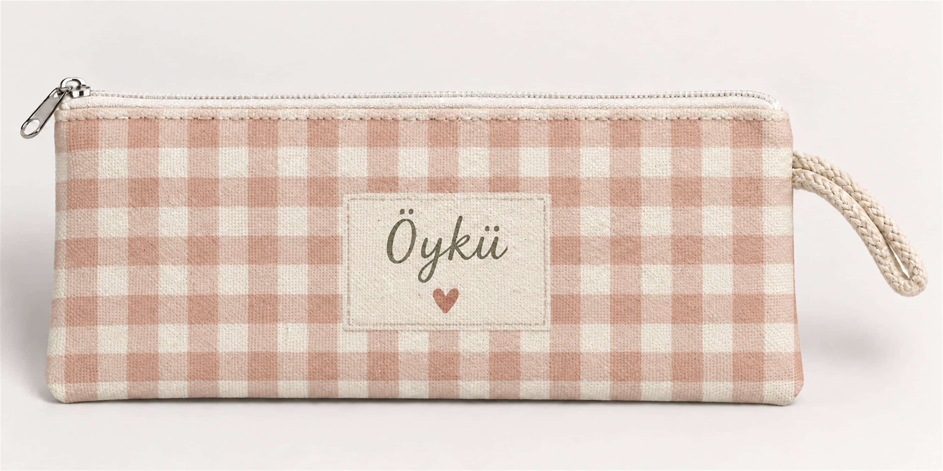 Kişiye Özel Pembe Ekose Etiket Baskılı Fermuarlı Clutch El Çantası Makyaj Çantası