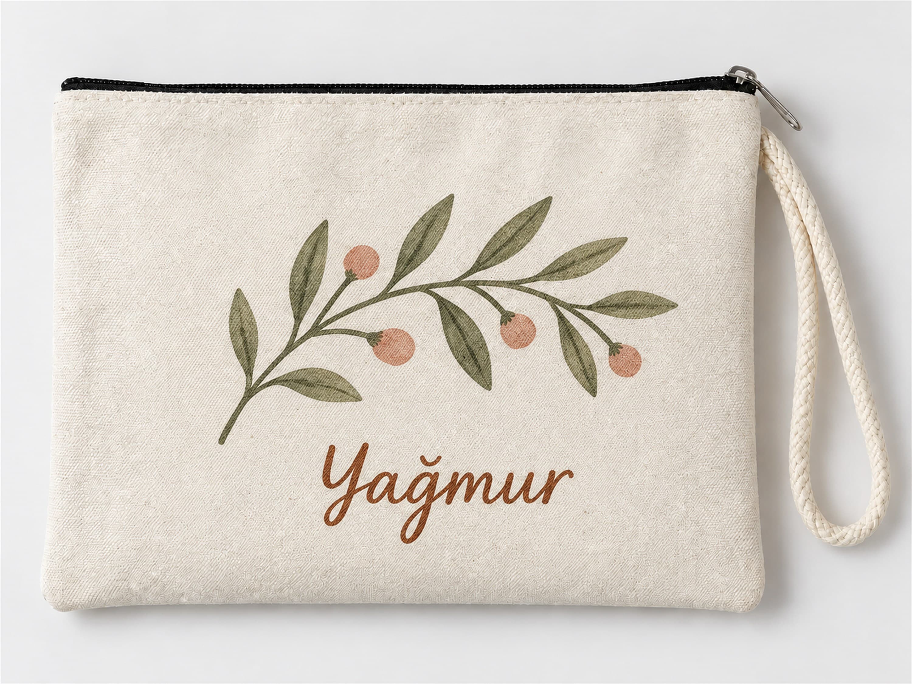 Kişiye Özel Zeytin Dalı Baskılı Fermuarlı Makyaj Çantası Bozuk Para Cüzdanı Clutch