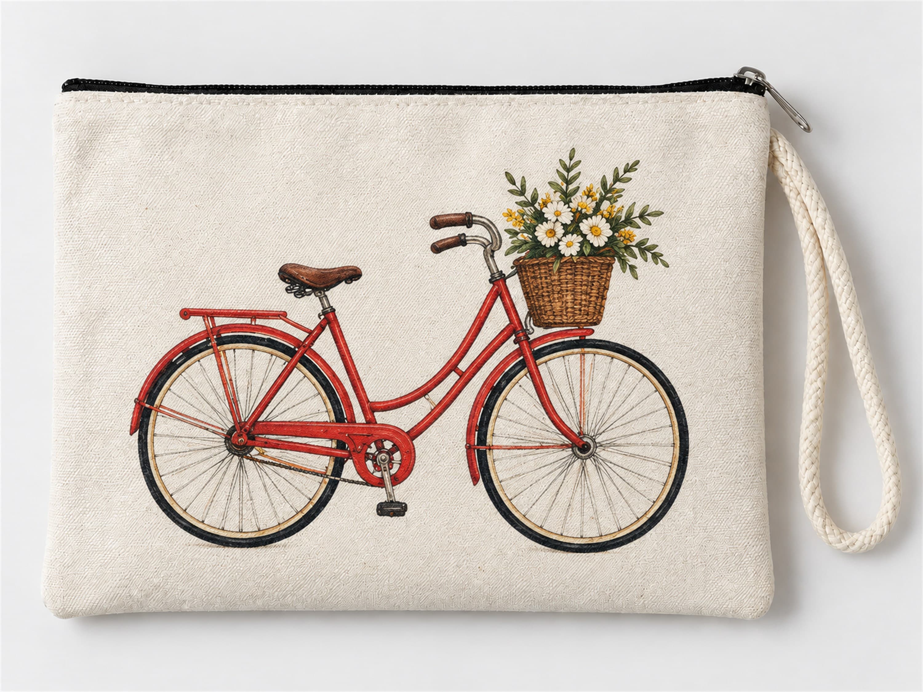 Çiçek Sepetli Bisiklet Baskılı Fermuarlı Makyaj Çantası Bozuk Para Cüzdanı Clutch