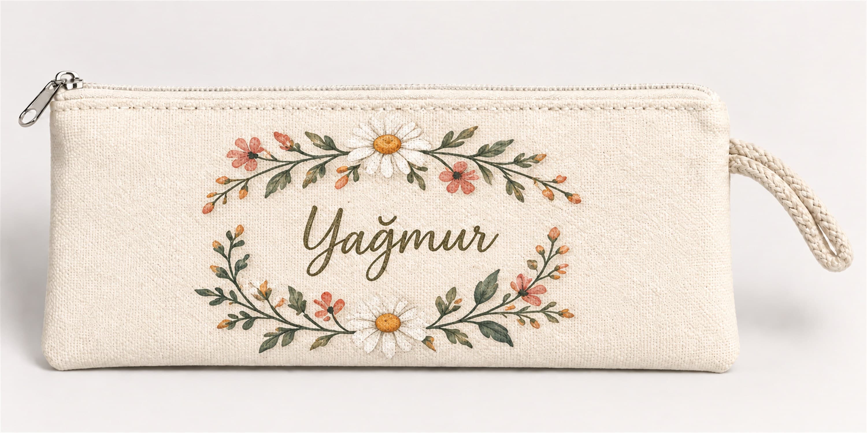 Kişiye Özel Papatya Çerçevesi Baskılı Fermuarlı Clutch El Çantası Makyaj Çantası